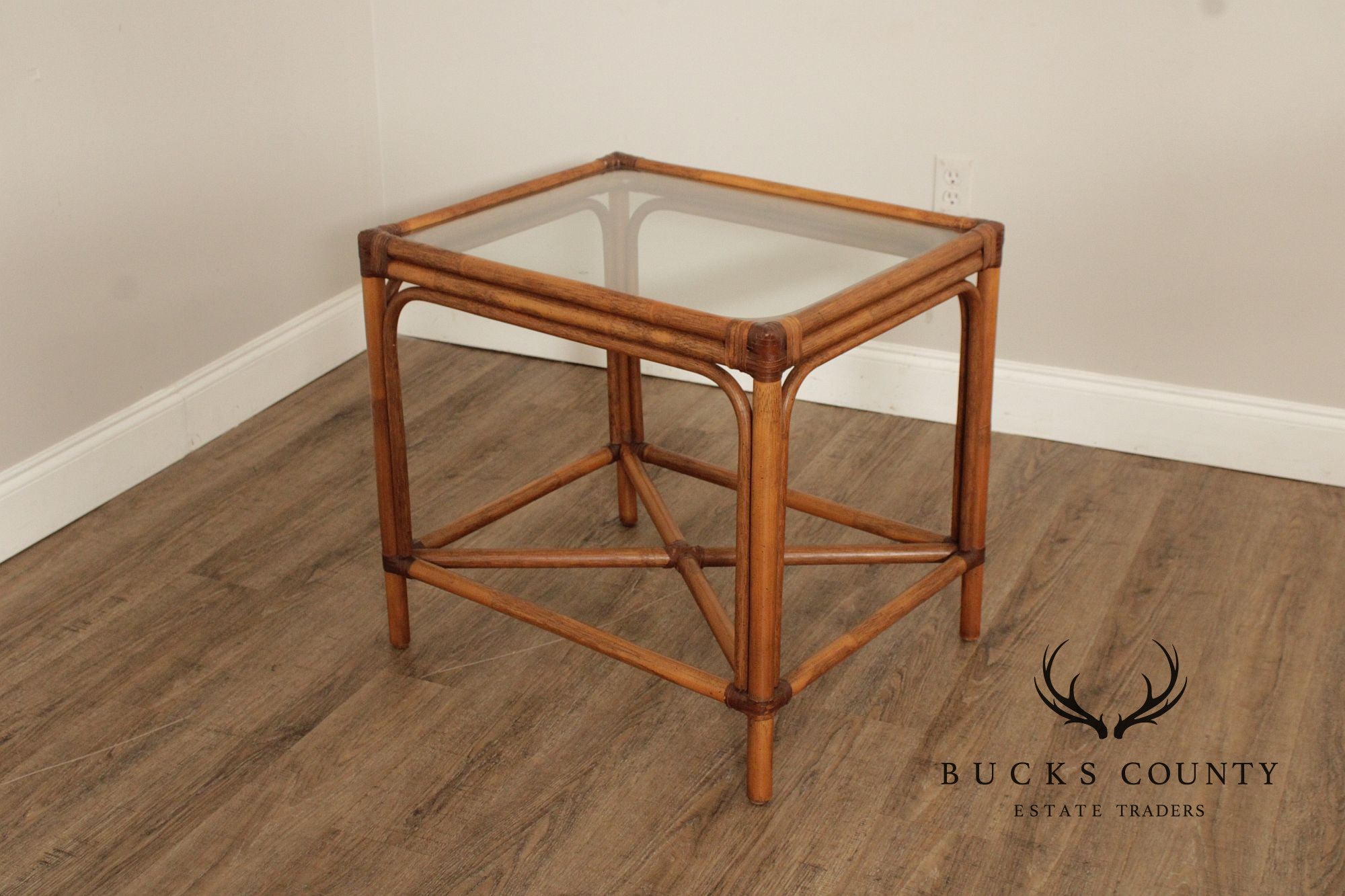 Hollywood Regency Pair of Glass Top Rattan Side Tables