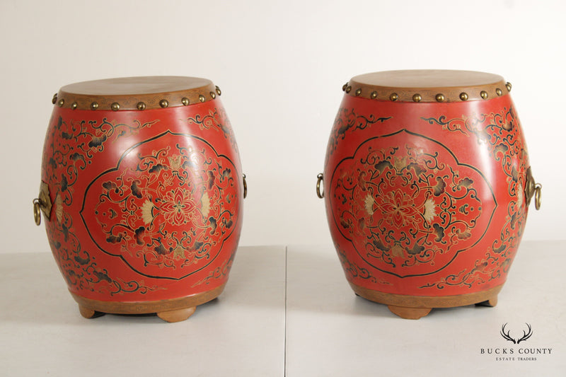 Asian Inspired Pair Hand Painted Wooden Drum Stools