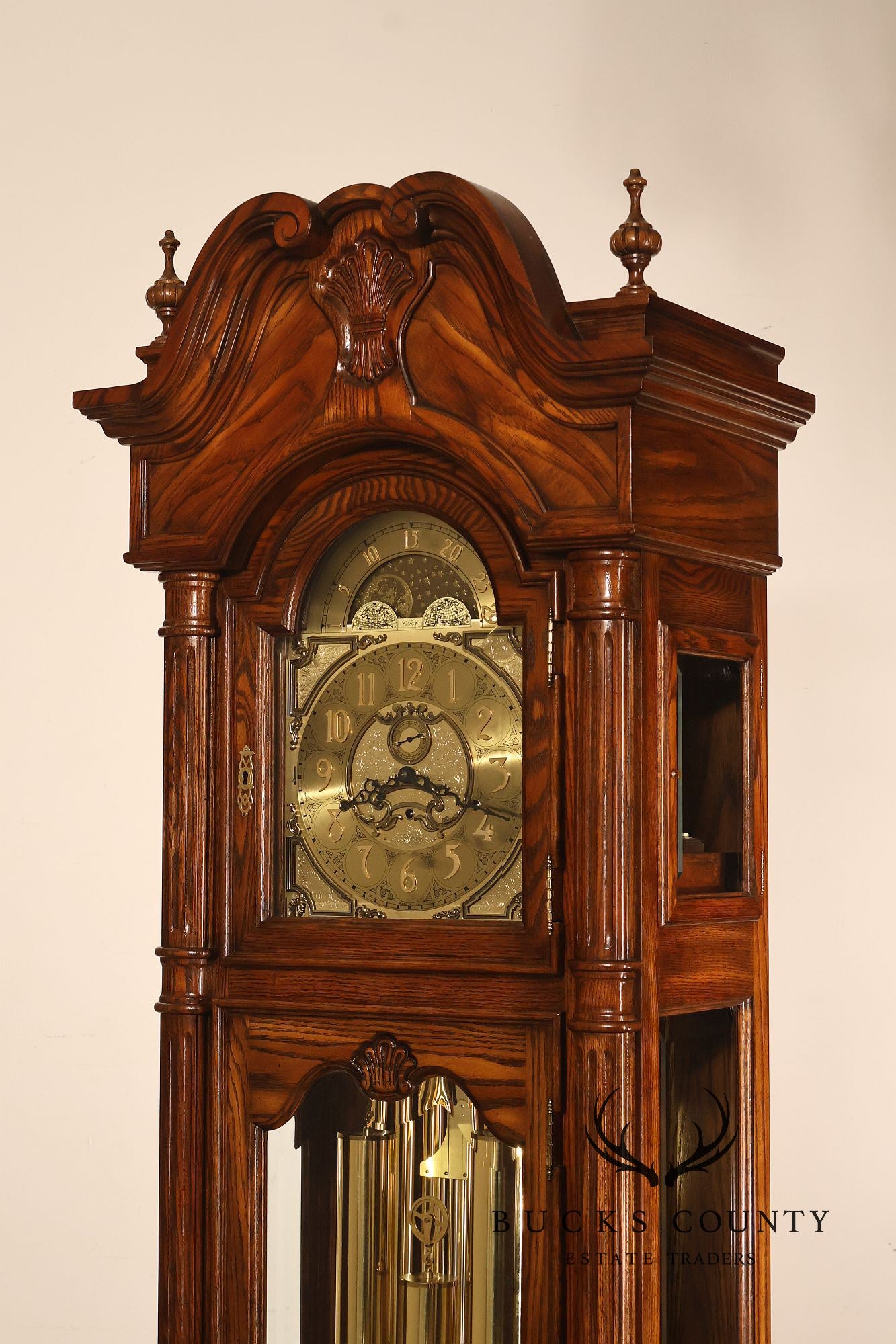 Sligh Traditional Oak Triple Chime Grandfather Clock With Moon Phase Dial