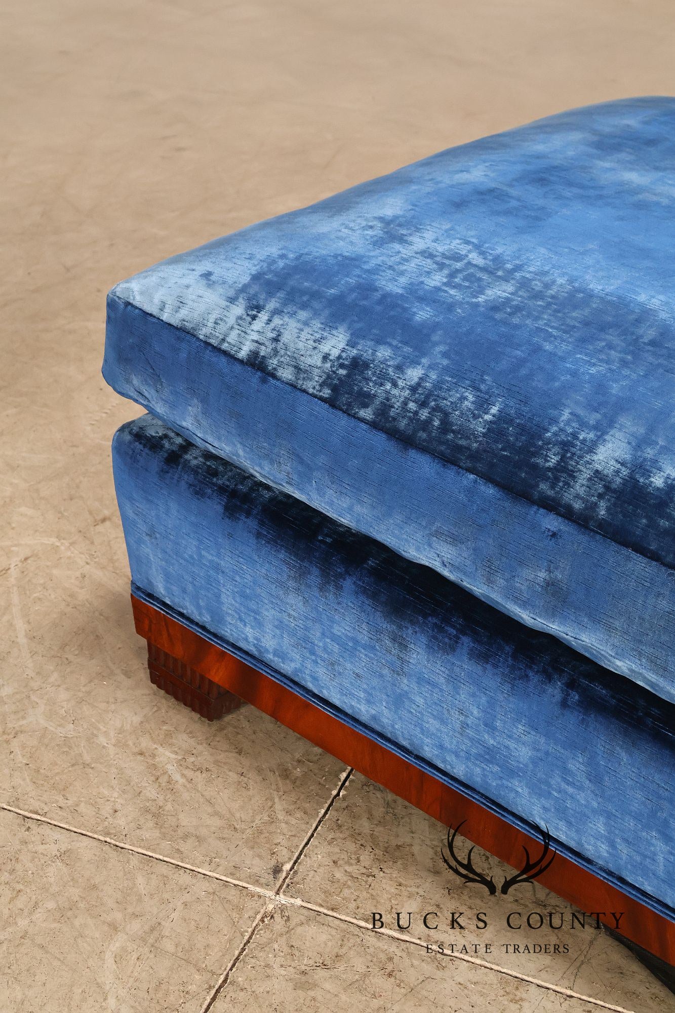Art Deco Style Large Custom Blue Velvet and Mahogany Ottoman