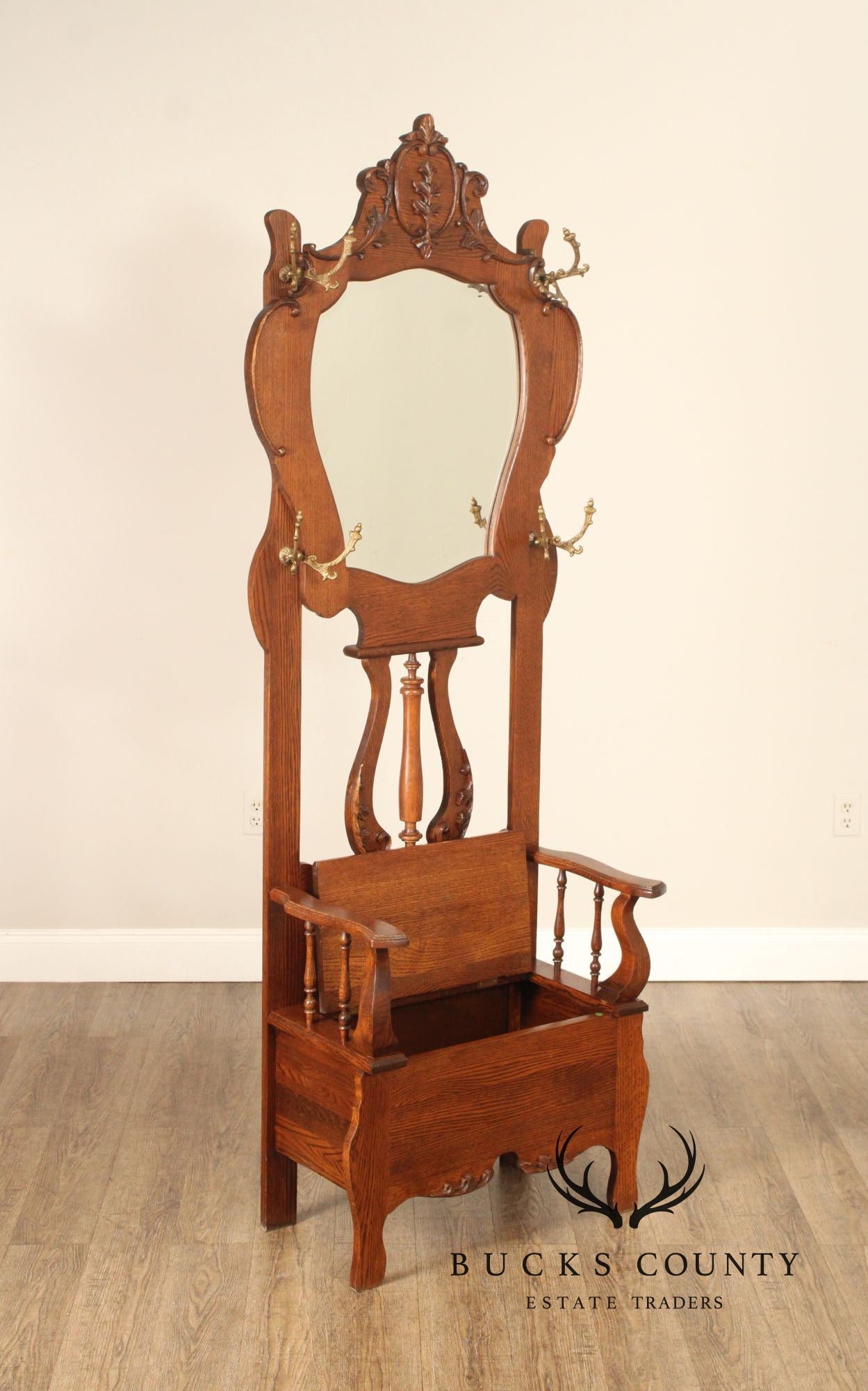 Victorian Style Vintage Oak Hall Tree With Mirror