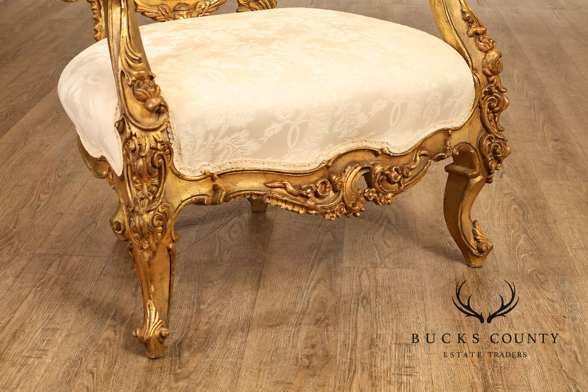 Italian Rococo Style Pair Of Carved Giltwood Upholstered Armchairs
