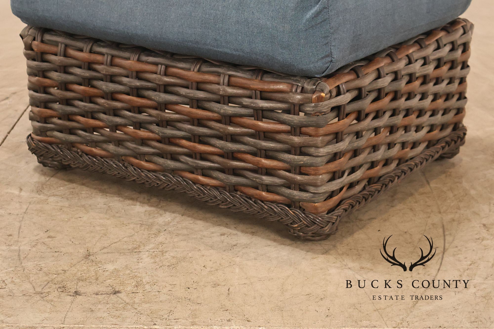 Lane Venture WeatherMaster Pair Of Woven Wicker Outdoor Ottomans With Blue Cushions