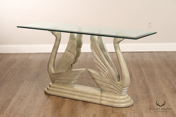 Art Deco Style Vintage Glass Top Swan Console Table