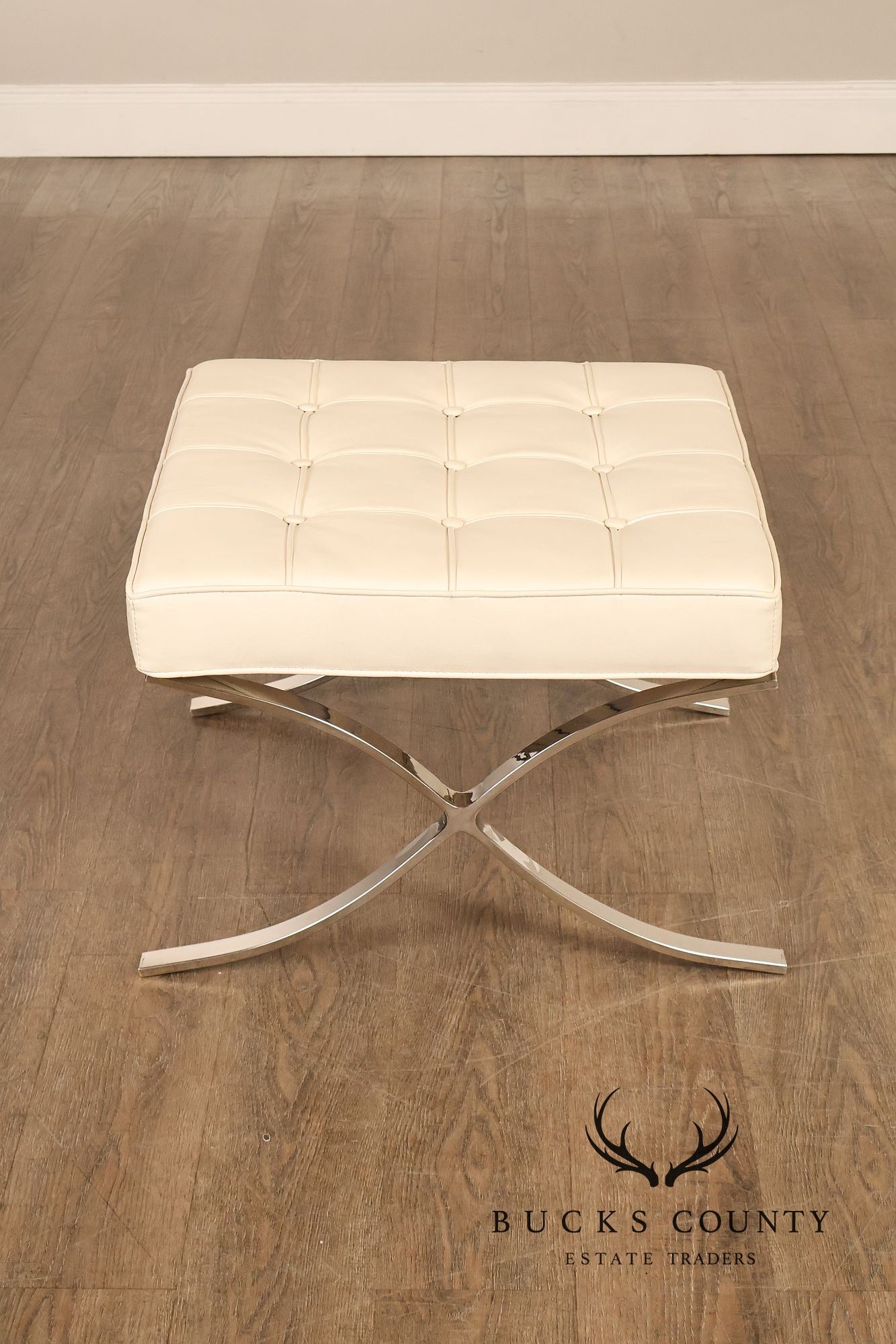 White Barcelona Style Pair Of Leather Stools With Chrome Bases