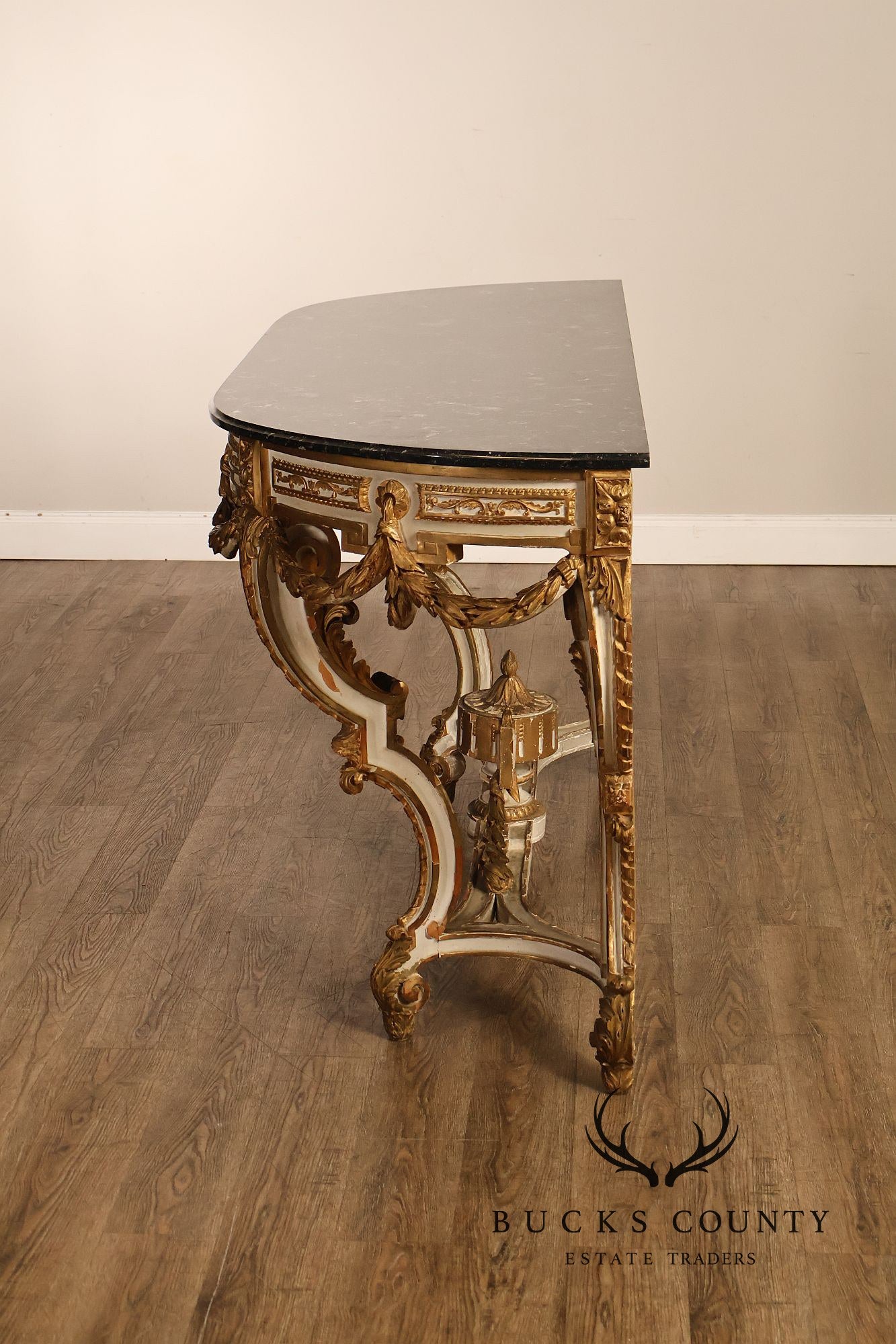 Louis XV Style Giltwood And Painted Demilune Marble Top Console Table