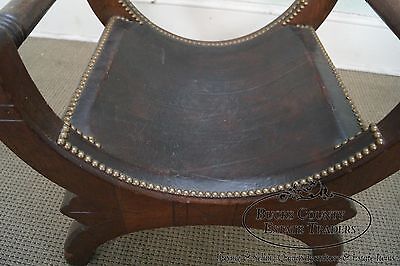 Unusual Antique Aesthetic Walnut Leather Seat X Frame Arm Chair