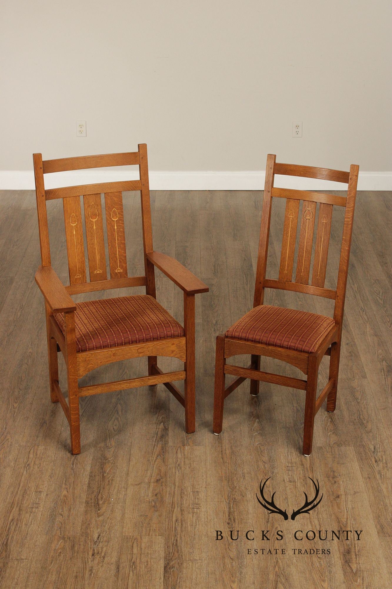 Stickley Mission Collection Set Of Four Harvey Ellis Oak Inlaid Dining Chairs