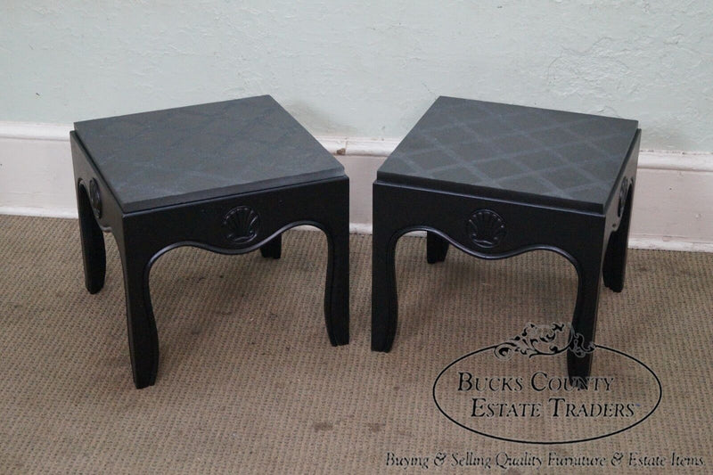 Mid Century Pair of Ebonized Black Low Slate Top Side Tables
