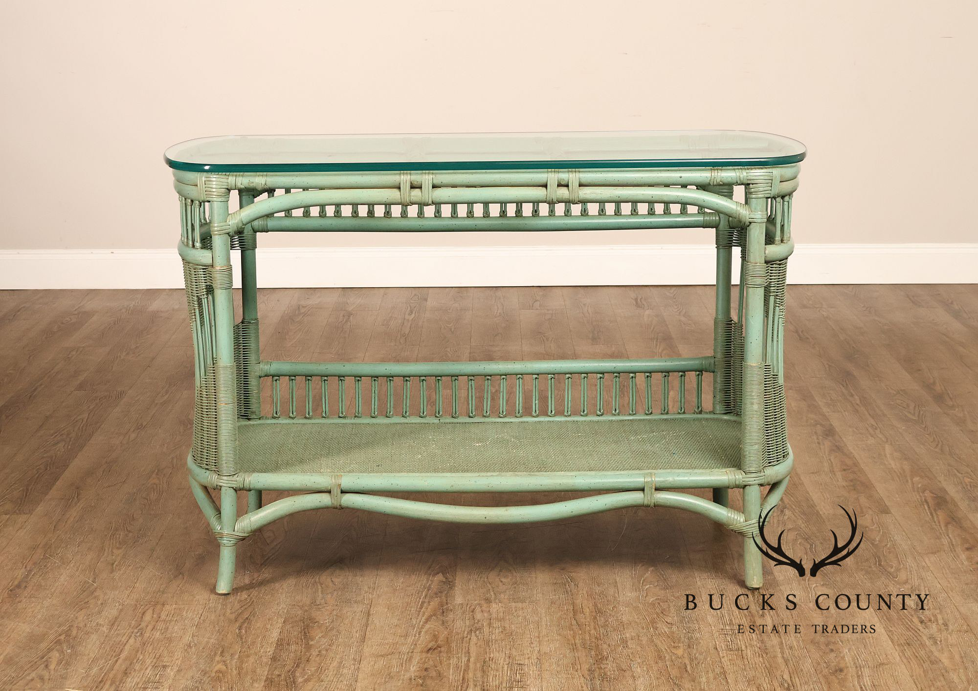 Boho Chic Glass Top Painted Rattan Glass Top Console Table