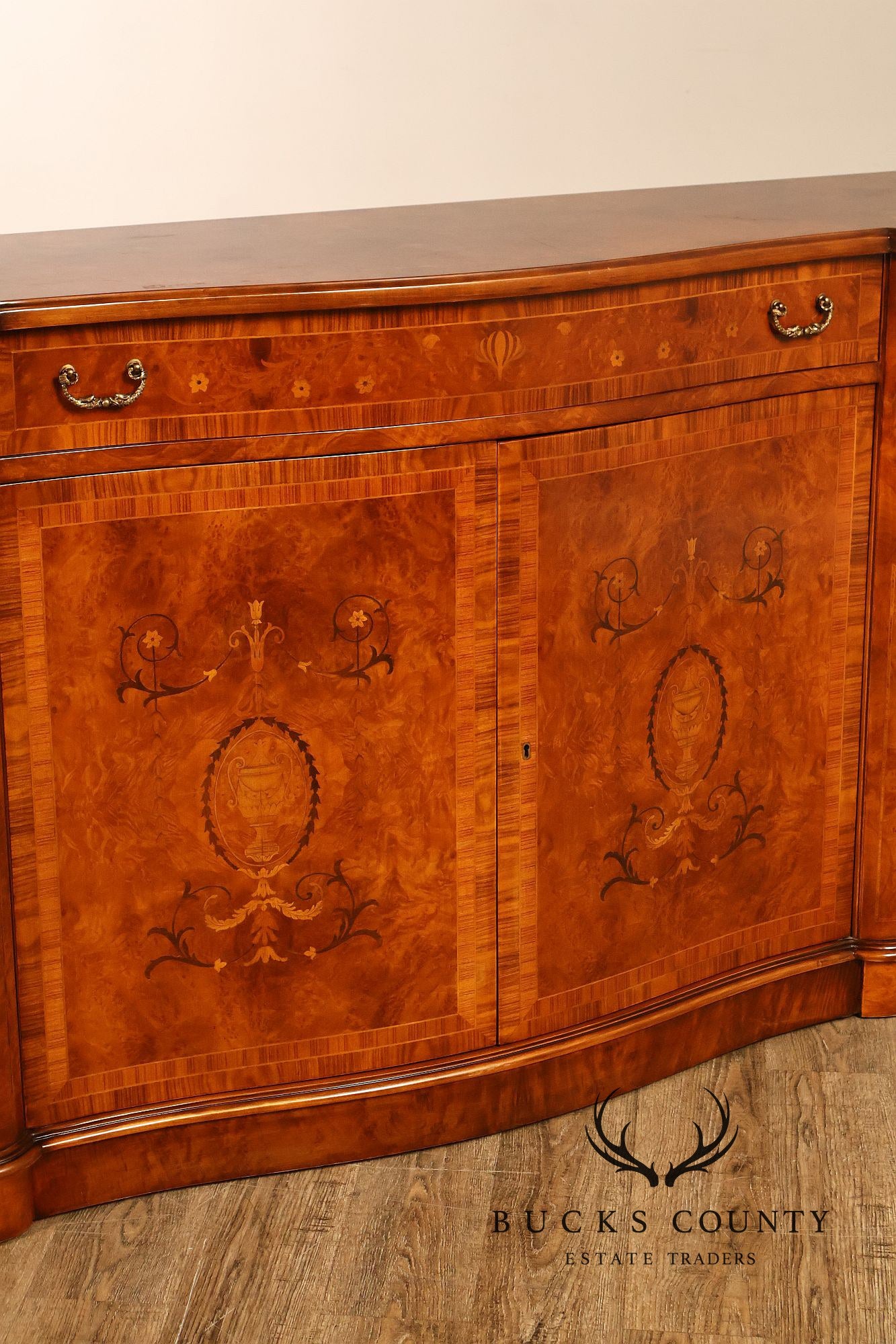 Italian Neoclassical Style Burl Wood Marquetry Inlaid Serpentine Sideboard
