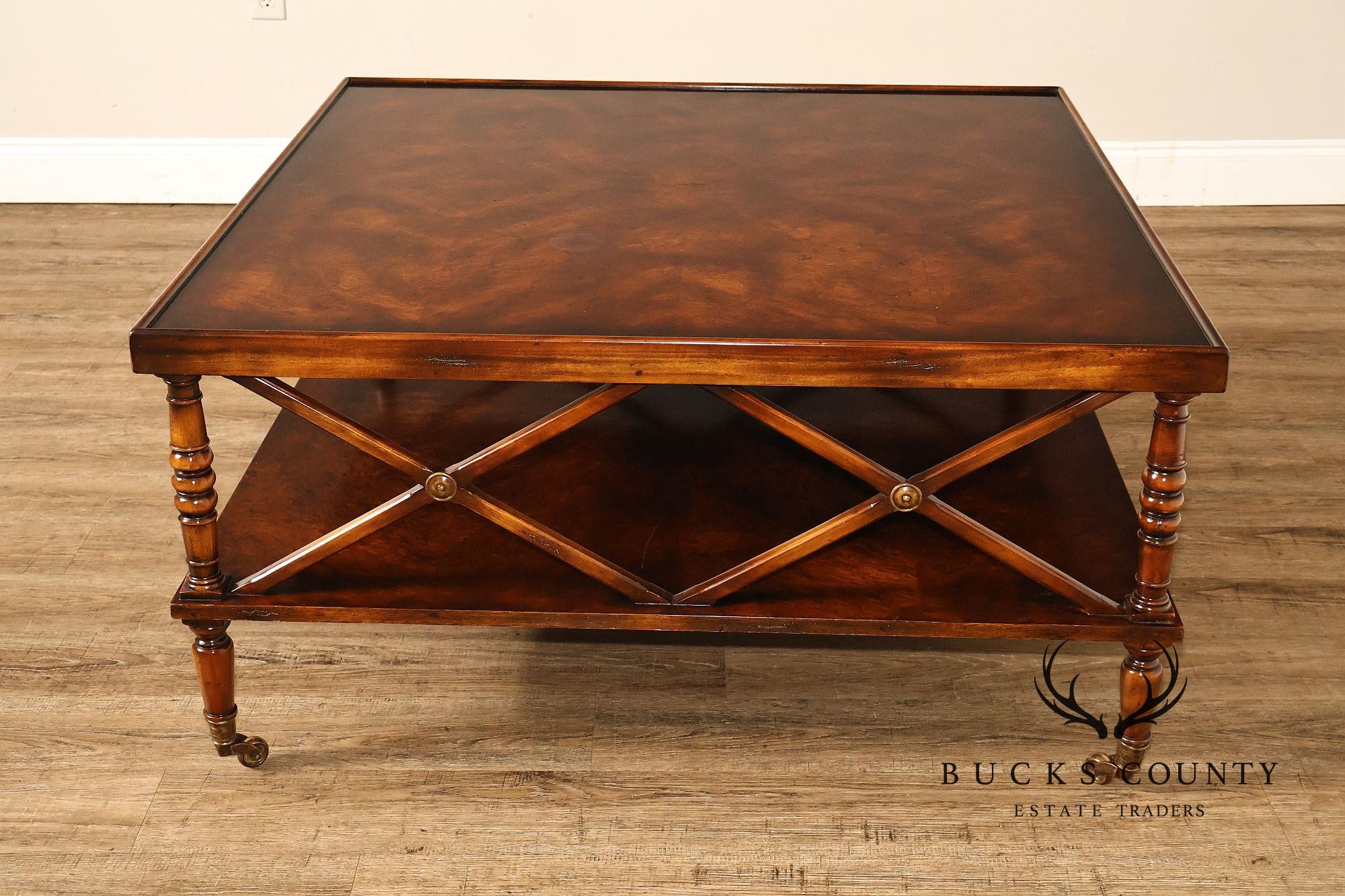 Regency Style Burl Wood Two-Tier Square Coffee Table On Brass Casters