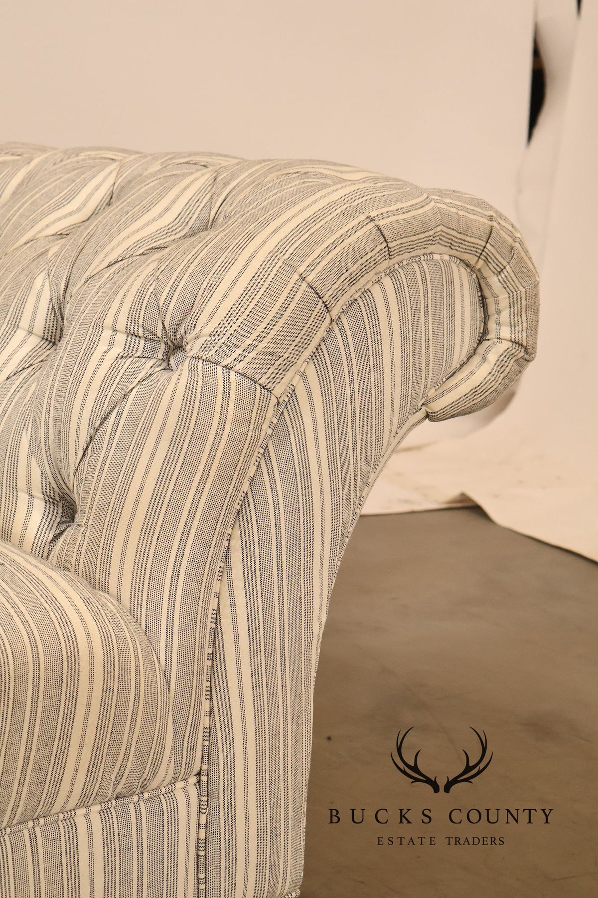Cambridge Collection Tufted Blue And White Striped Upholstered Sofa