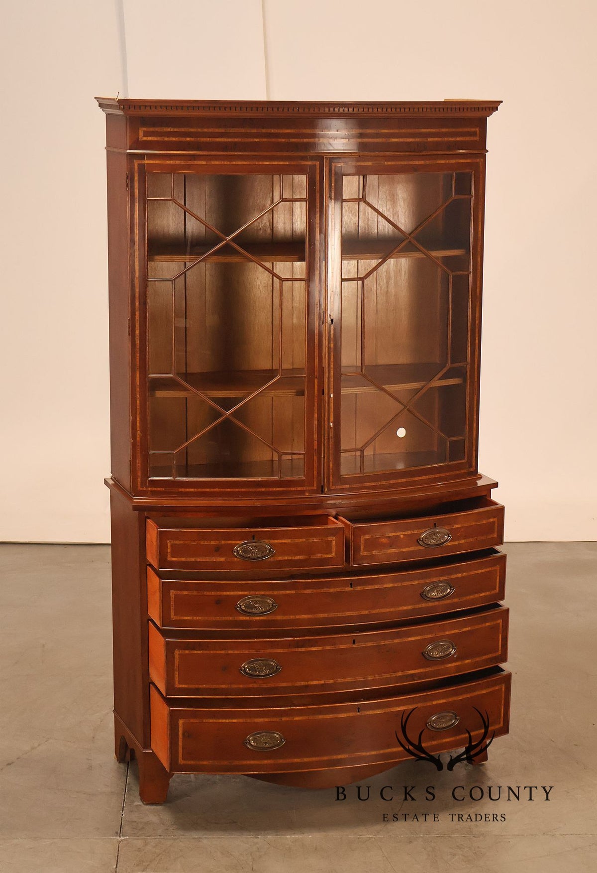 Georgian Style Inlaid Yew Wood Bow Front Bookcase Bureau China Cabinet