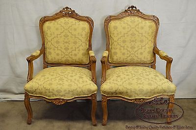 Quality Pair of Custom Upholstered Solid Walnut Louis XV Style Arm Chairs