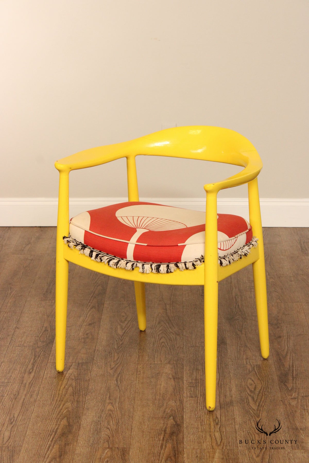 Vintage Mid Century Modern Pair Of Yellow Barrel Back Dining Chairs With Graphic Upholstery