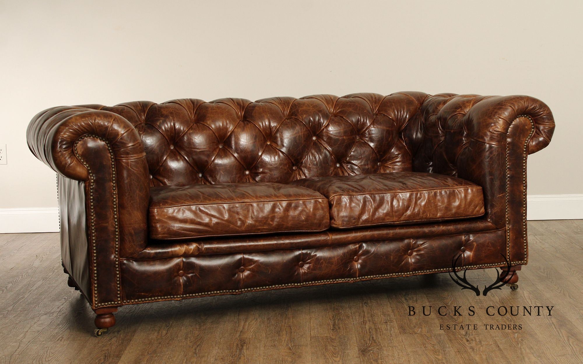 Restoration Hardware Brown Leather 'Kensington' Chesterfield Sofa