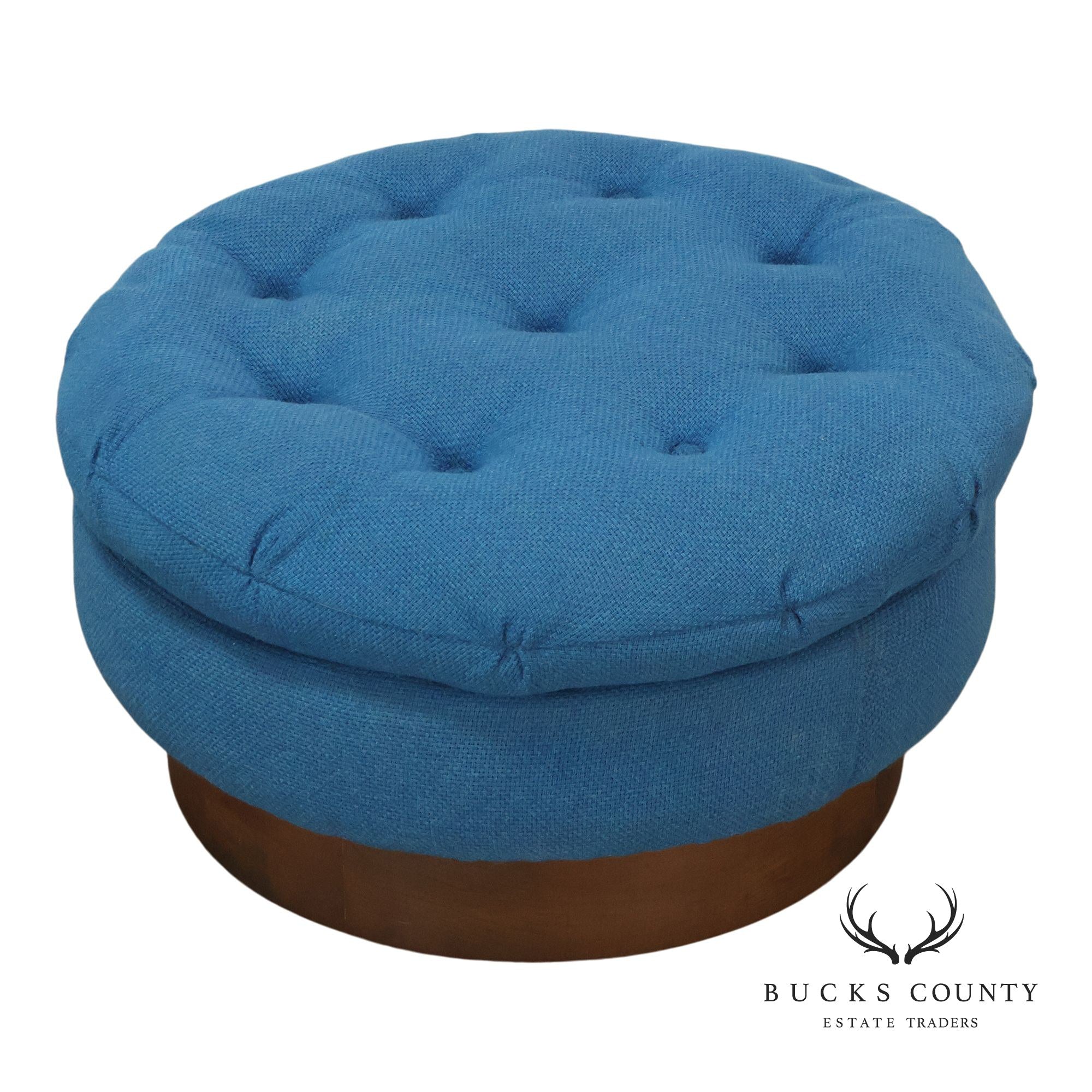 Vintage Schnadig Mid Century Modern Round Blue Upholstered Ottoman