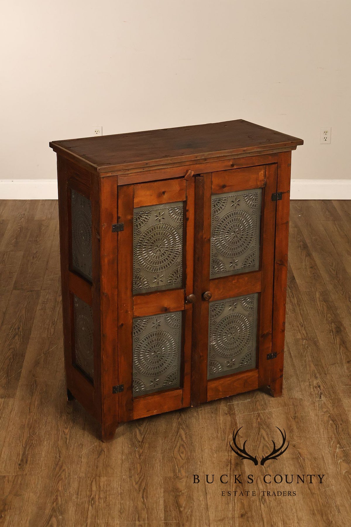 Antique American Country Pine Pie Safe Cabinet With Punched Tin Panels