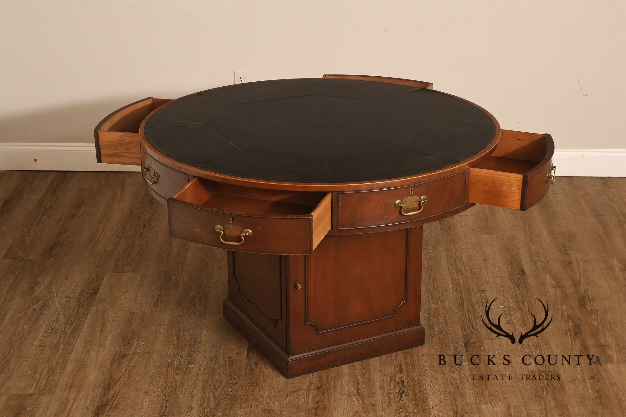 Kittinger Leather Top Round Rent Table With Drawers T295