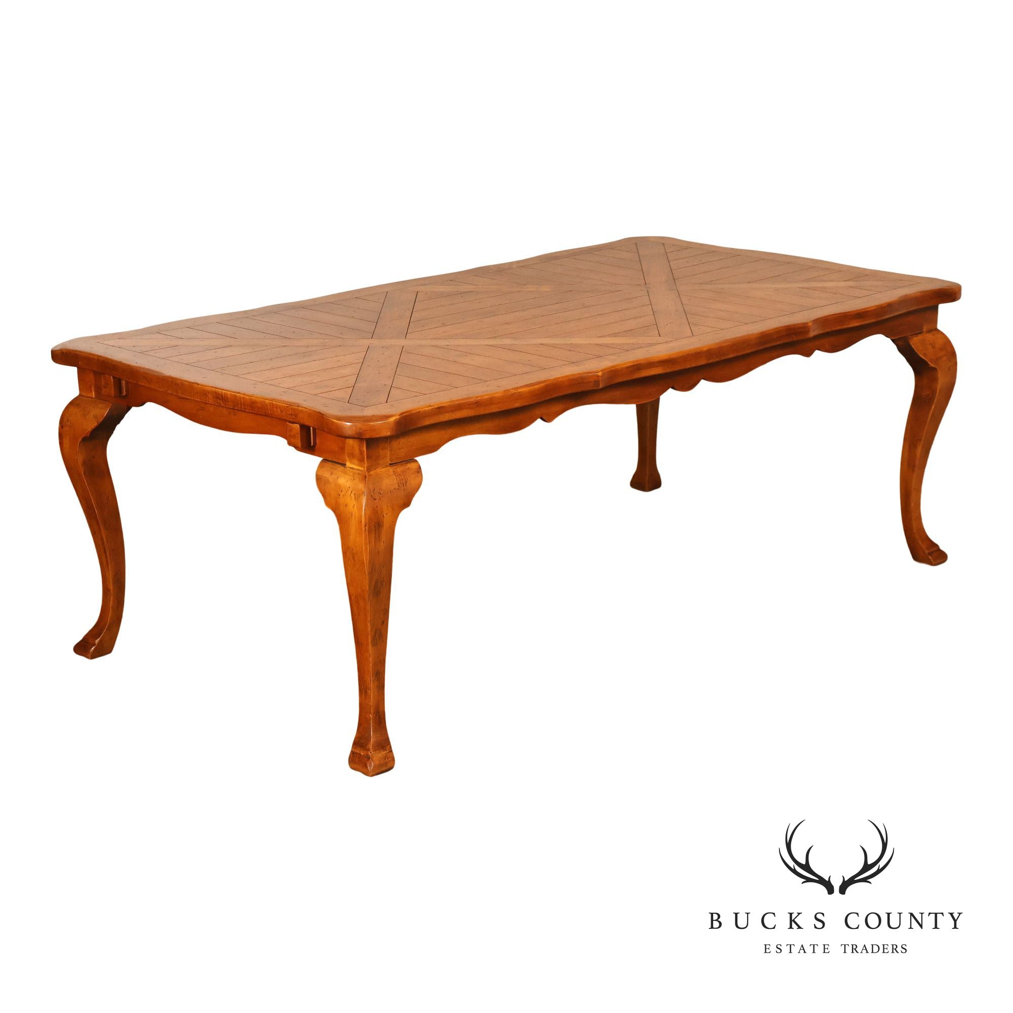 French Provincial Style Parquetry Top Dining Table with Scalloped Apron and Cabriole Legs