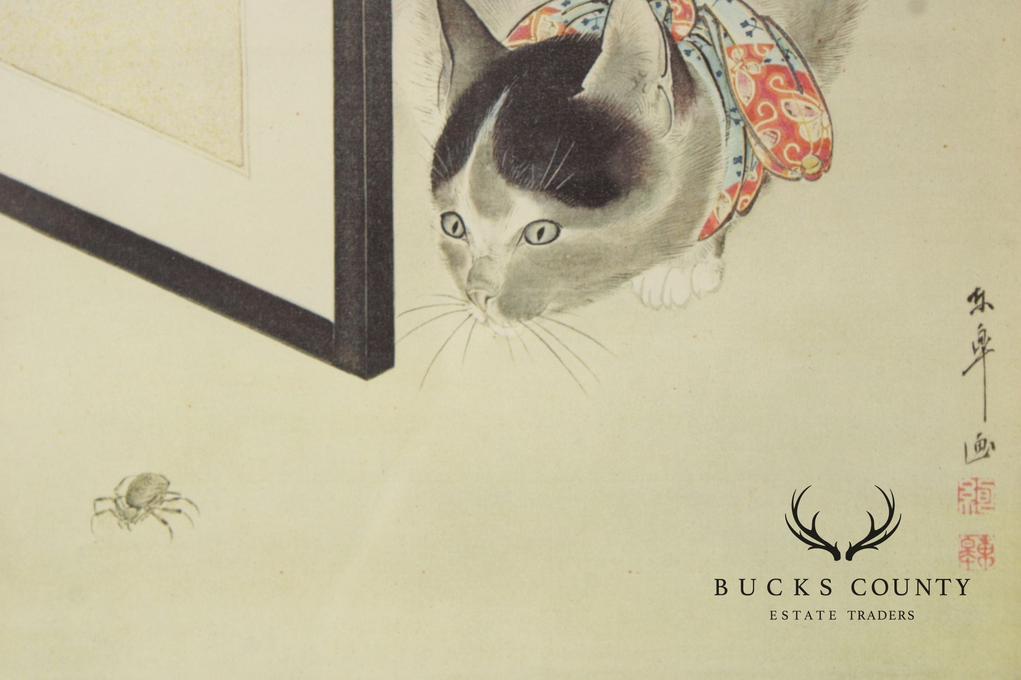 Tsuguharu Foujita Framed Japanese Woodblock Print, Cat and Spider