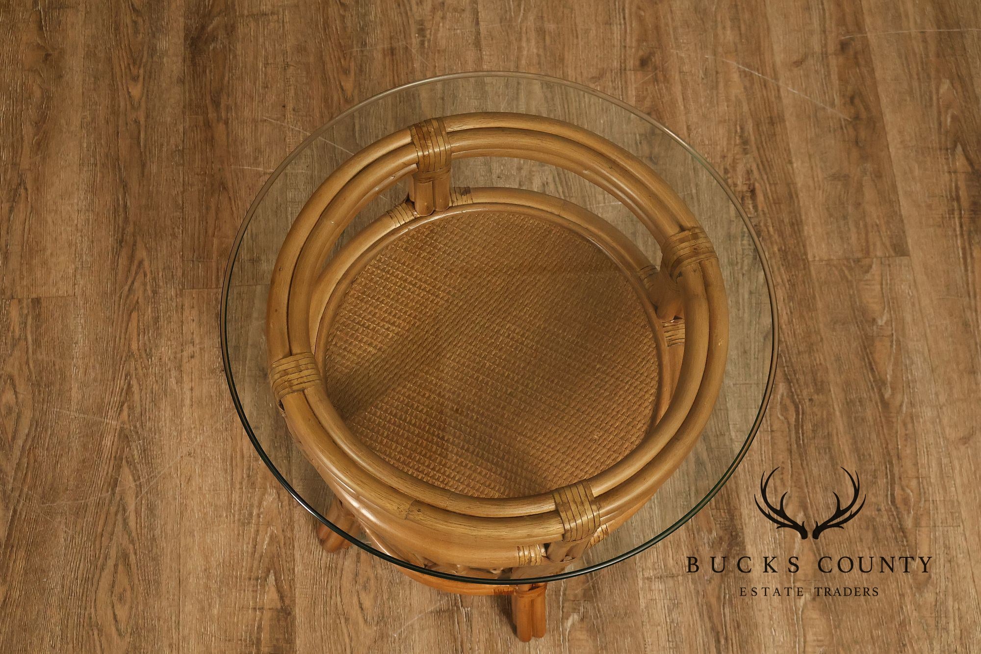 Boho Chic Pair of Round Glass Top Bamboo End Tables