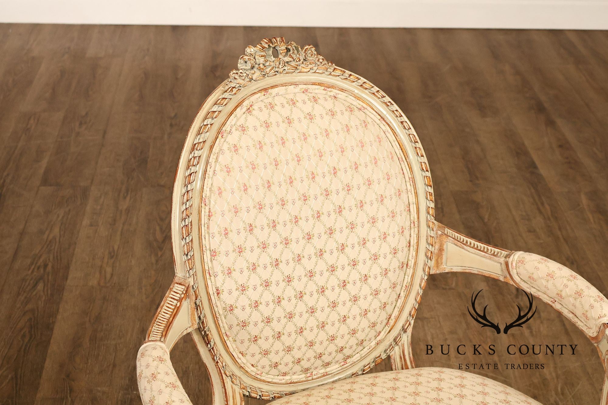 French Louis XVI Style Pair of Cream Painted Armchairs