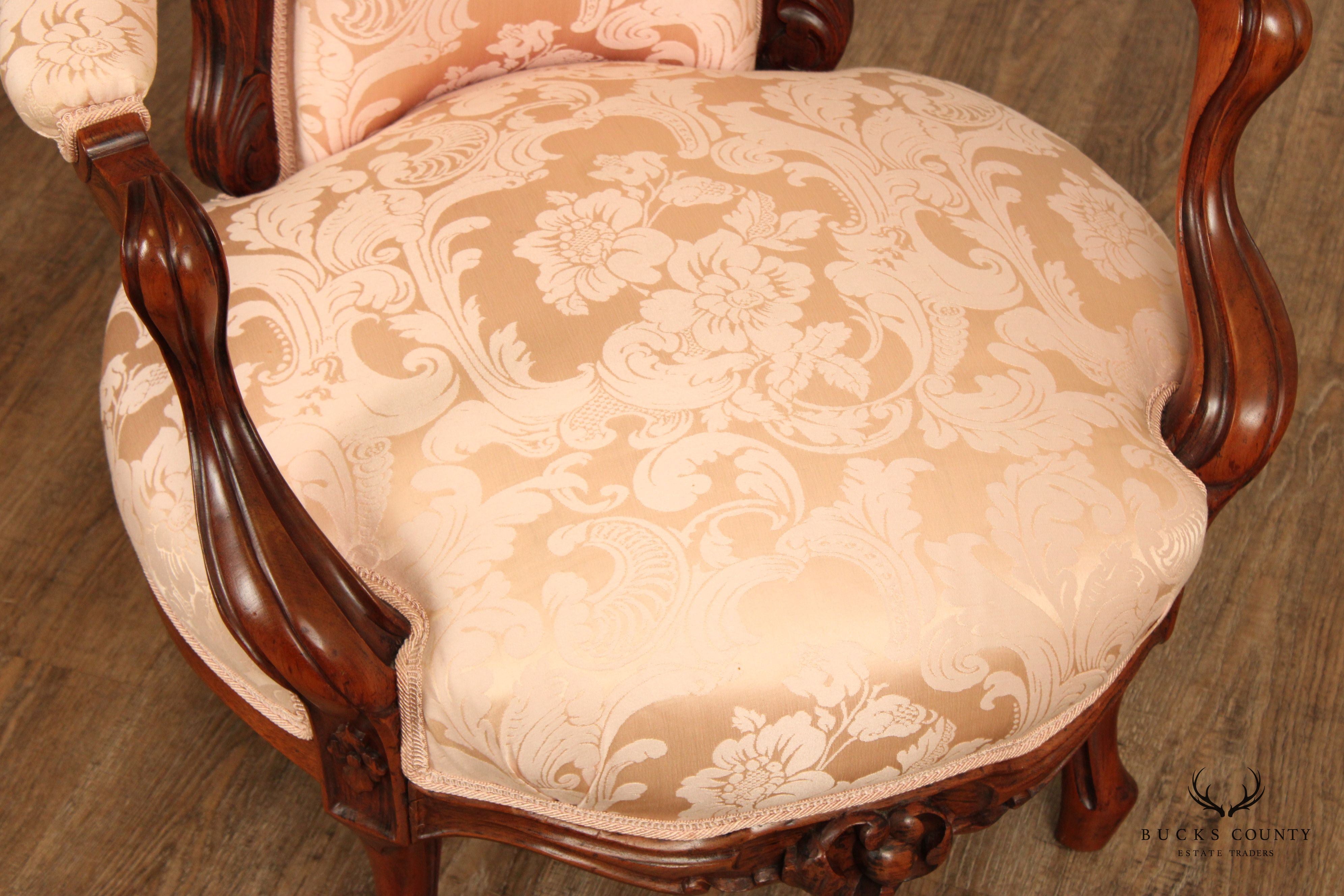 Antique Victorian Pair of Carved Walnut Armchairs