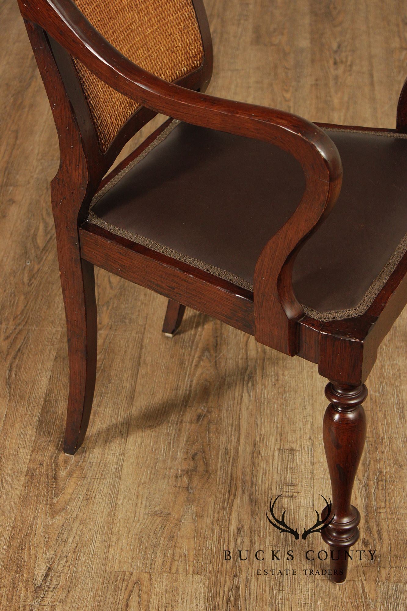 Vintage Anglo-Indian Style Pair of Caned Back Leather Seat Armchairs