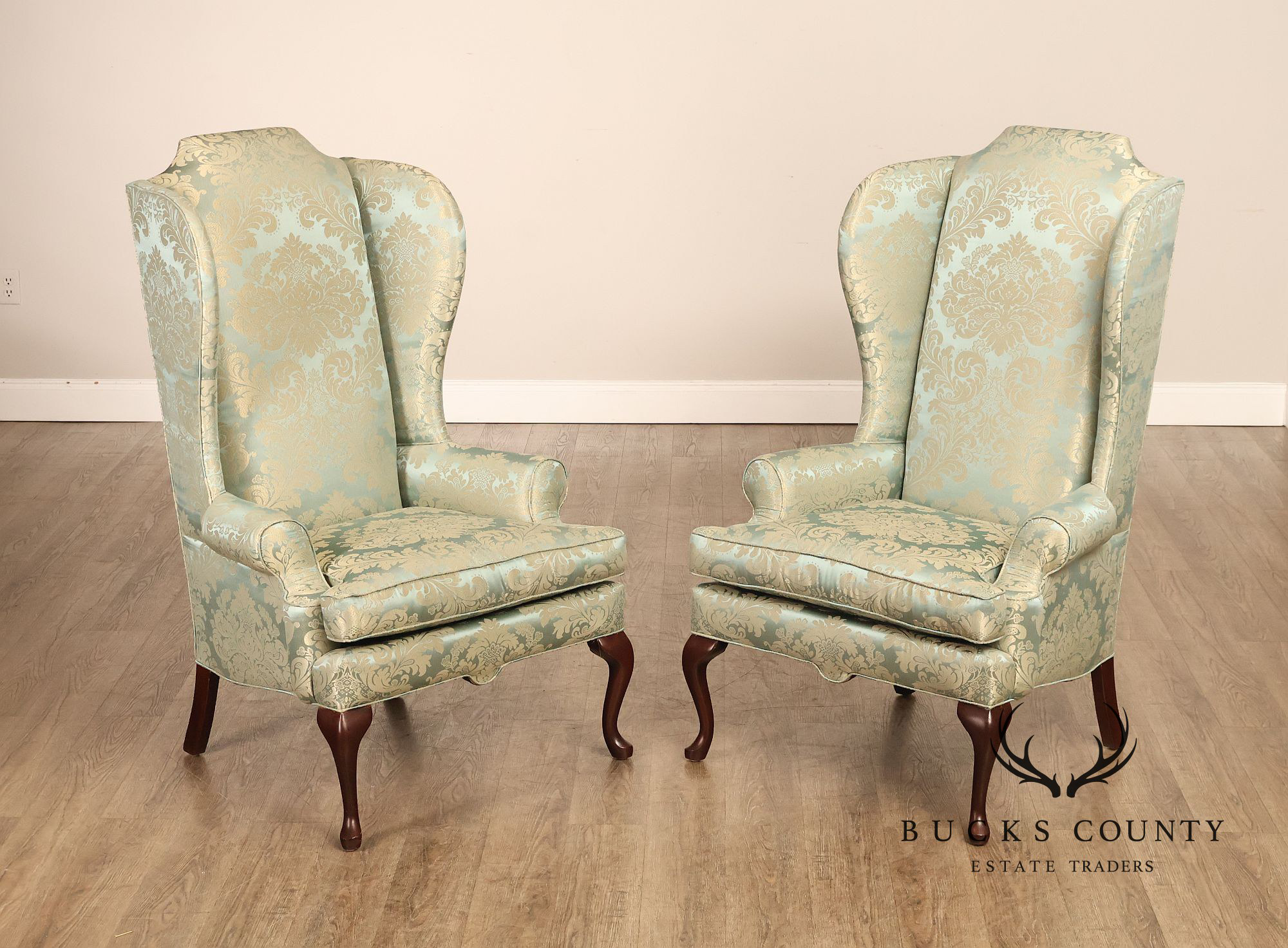 Quality Vintage Pair Of High Back Damask Upholstered Wing Chairs