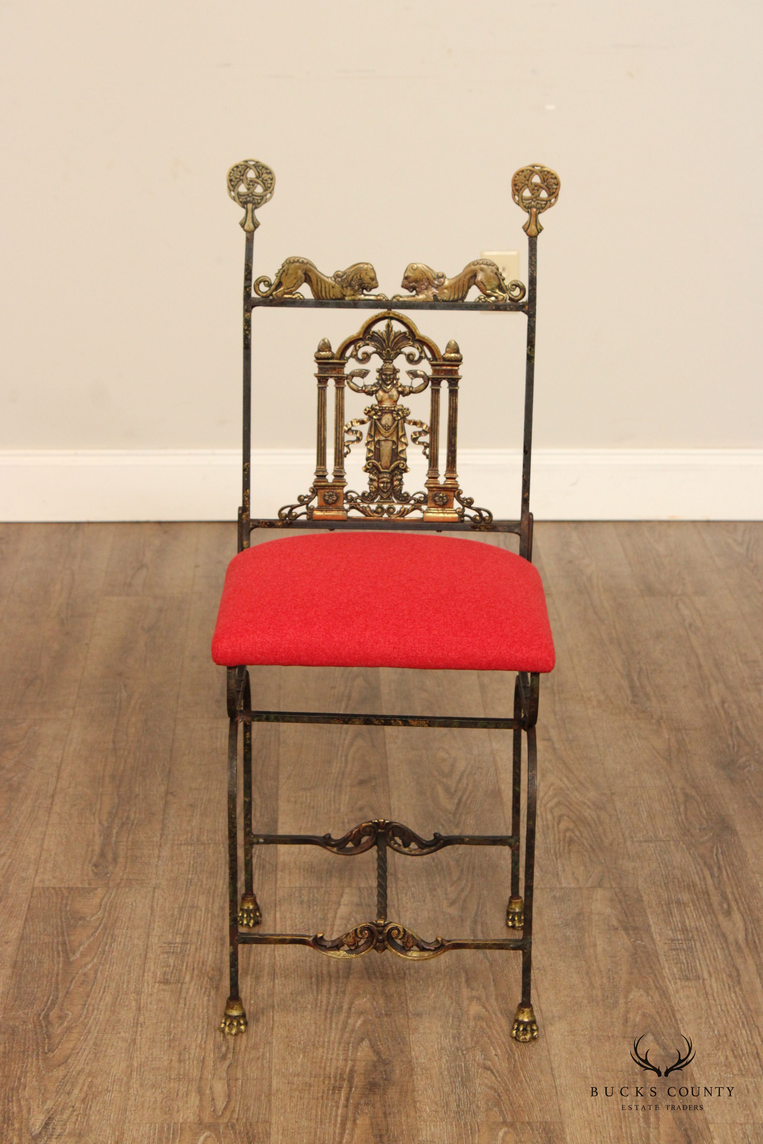Oscar Bach Attributed Tudor Revival Style Bronze and  Iron Side Chair