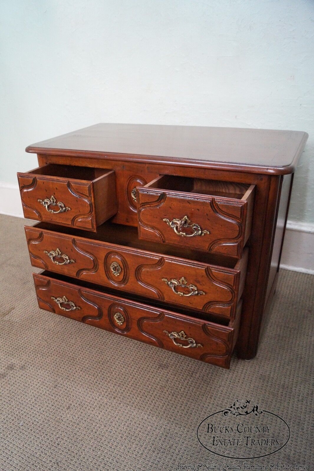 Custom Quality French Louis XV Style Walnut 3 Drawer Chest Commode