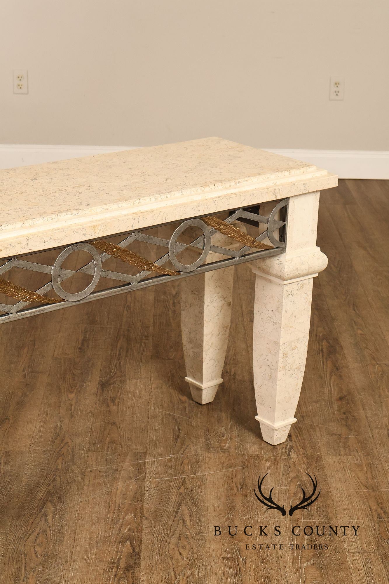 Neoclassical Style Travertine Console Table With Metal Stretcher