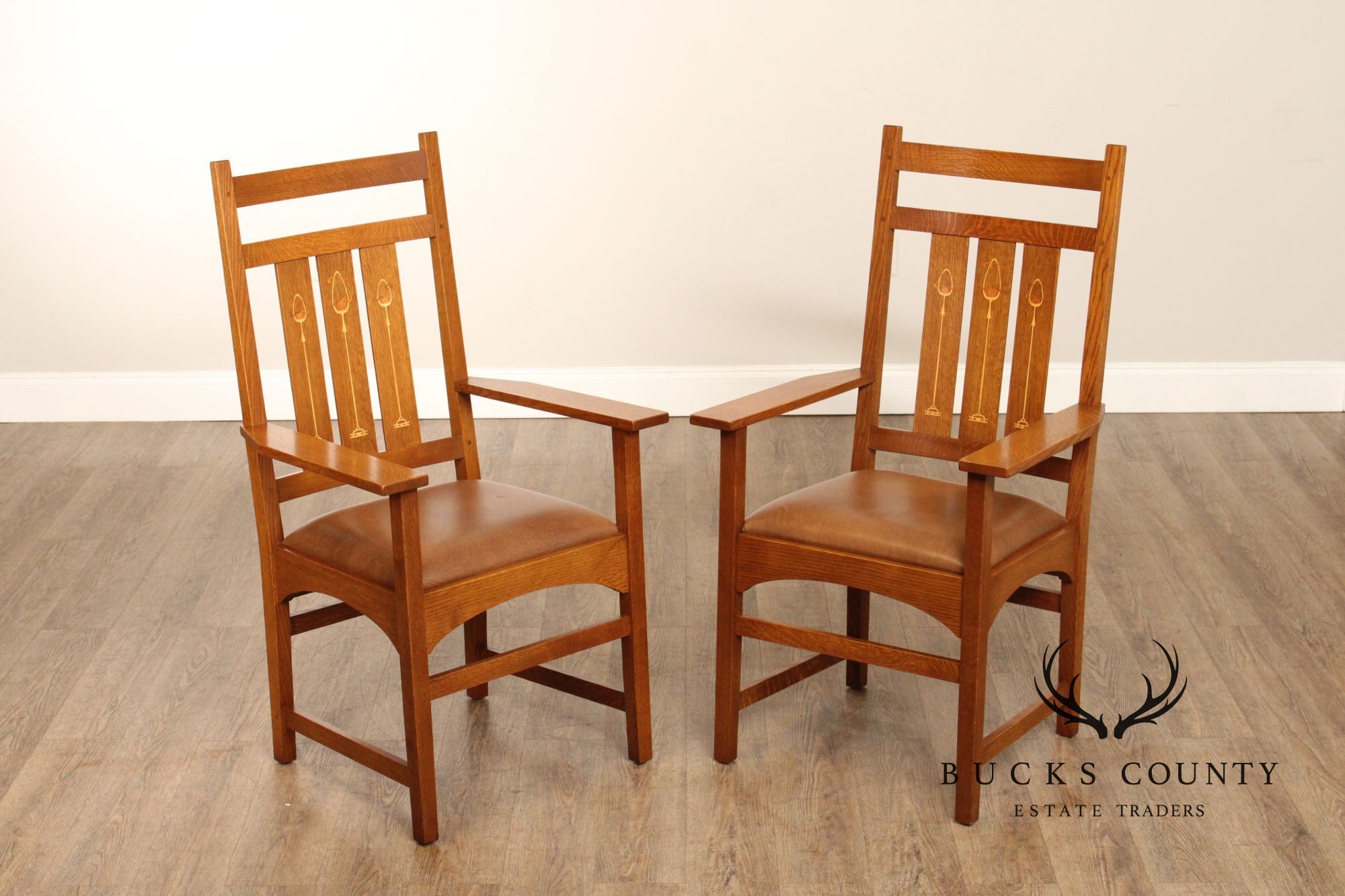 Stickley Mission Collection Pair of Harvey Ellis Inlaid Oak Dining Armchairs