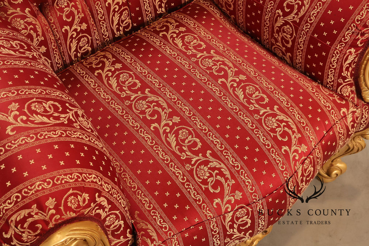 Baroque Style Pair Of Giltwood Armchairs With Red Damask Upholstery