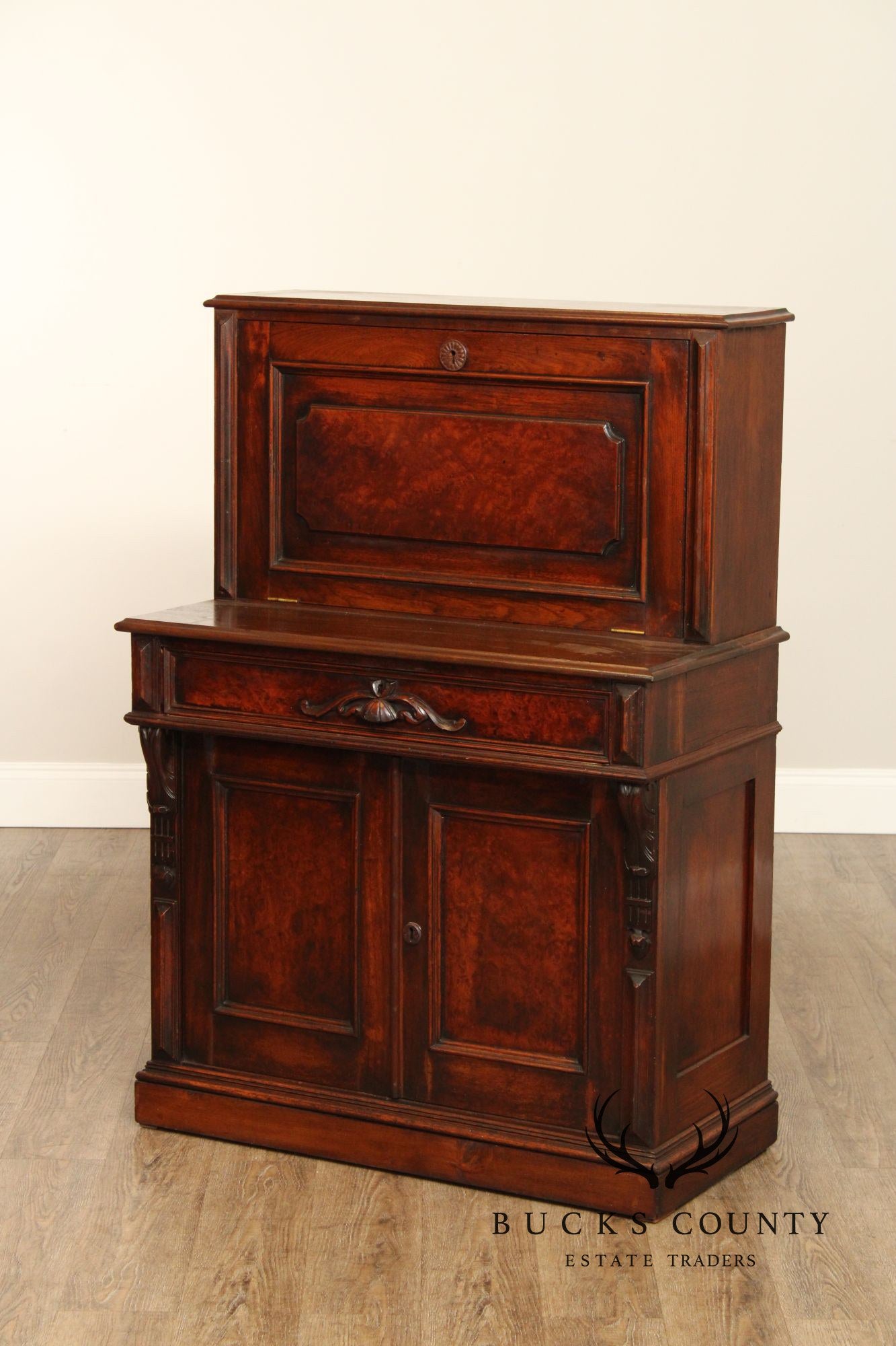 Antique Renaissance Revival Carved Walnut Drop-Front Desk