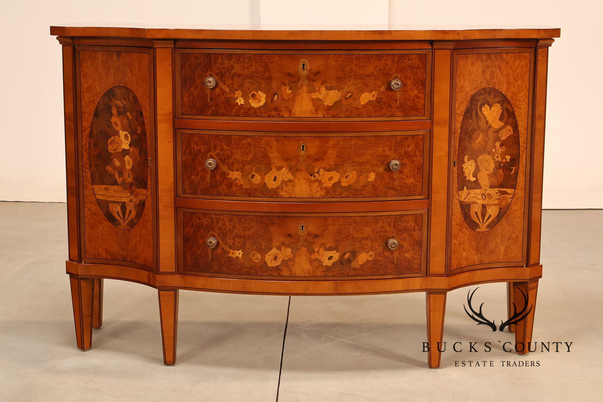 Italian Marquetry Inlaid Burl Wood Credenza Sideboard Server