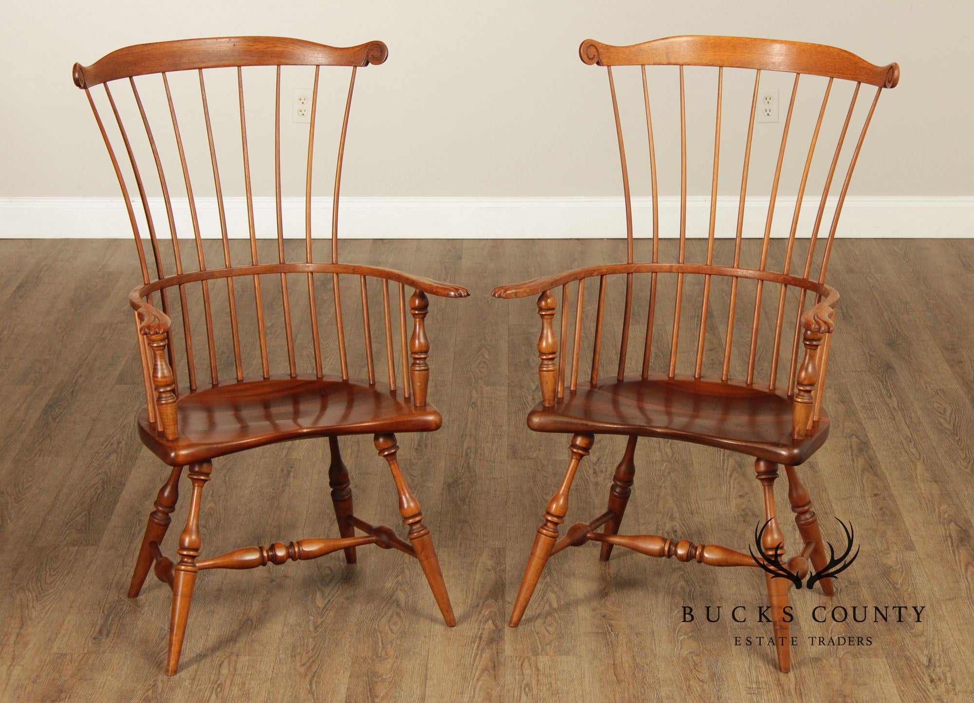 Quality Vintage Pair of Mixed Woods Windsor Armchairs