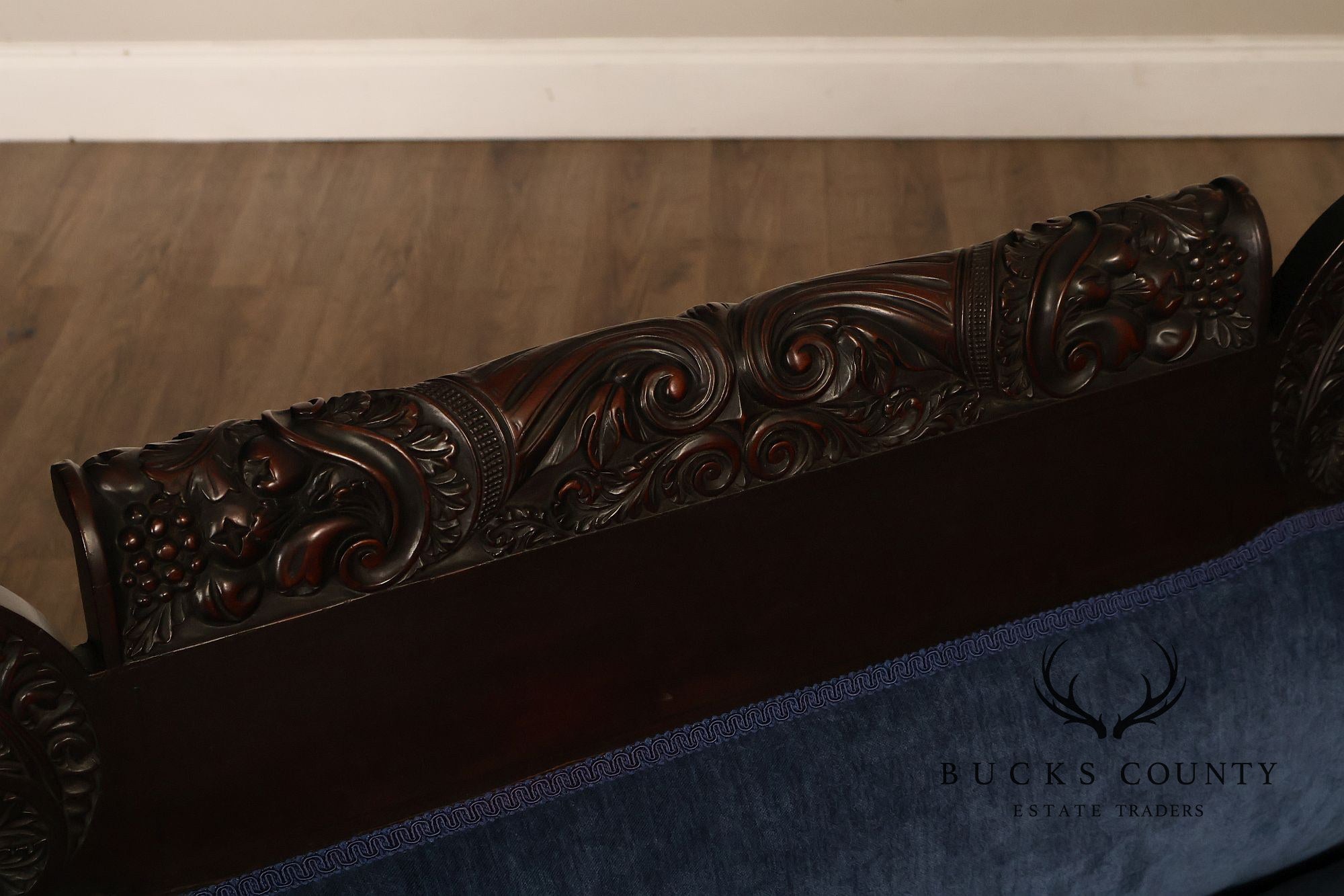 Antique American Empire Mahogany Carved Swan Arm Sofa With Blue  Upholstery
