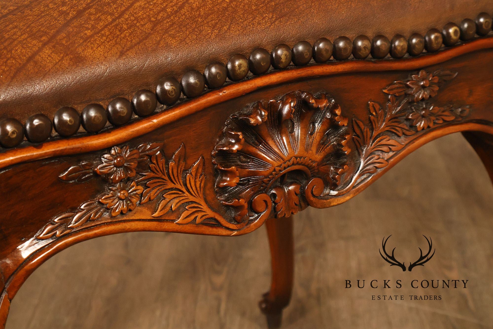 Rococo Style Leather Upholstered Carved Mahogany Window Bench