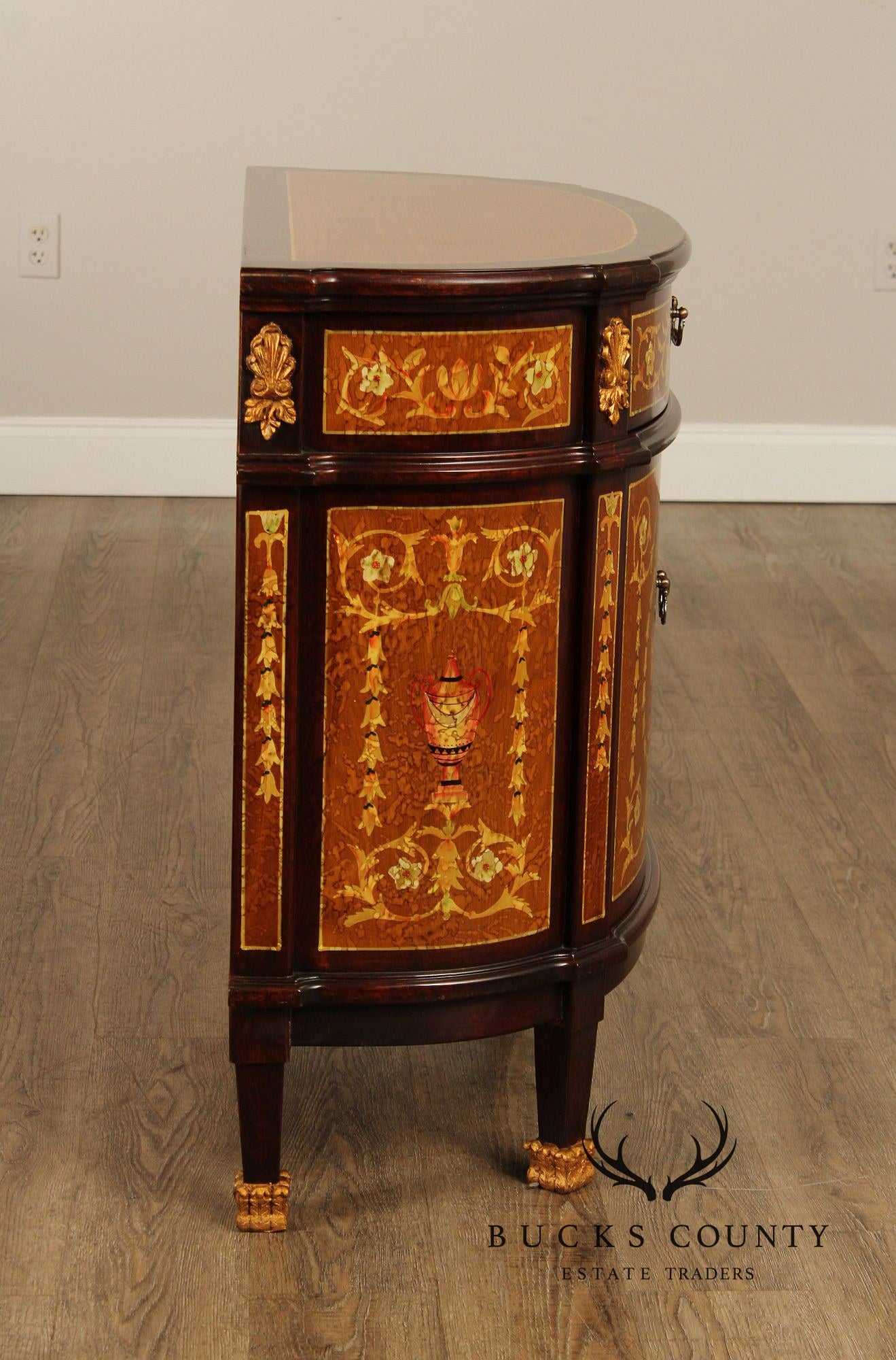 Italian Neoclassical Style Pair of Marquetry Demilune Commodes