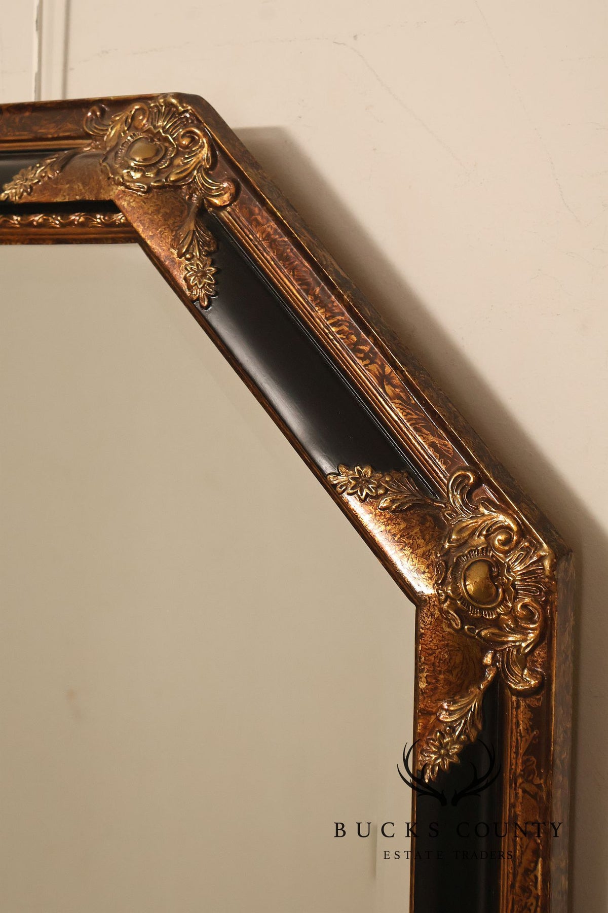 Traditional Octagonal Black And Gilt Beveled Wall Mirror