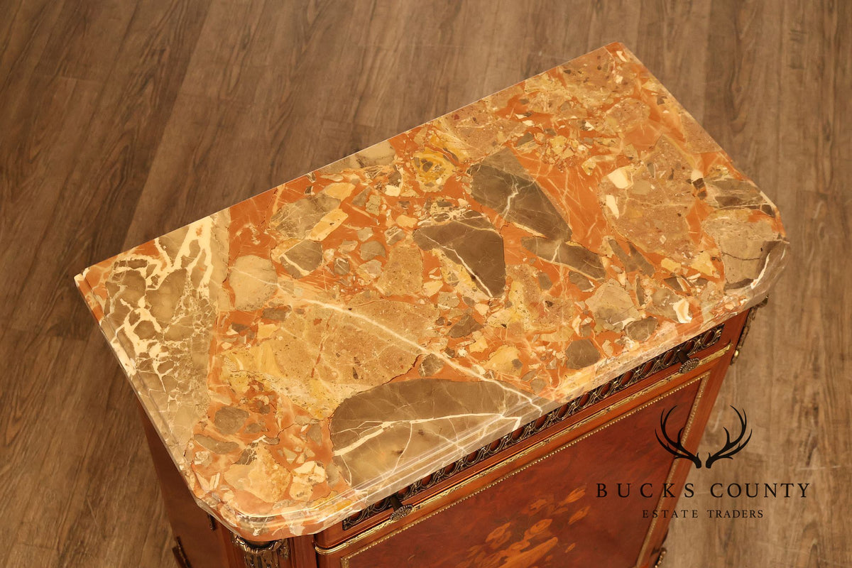 Louis XVI Style Marble Top Marquetry And Bronze Mounted Cabinet
