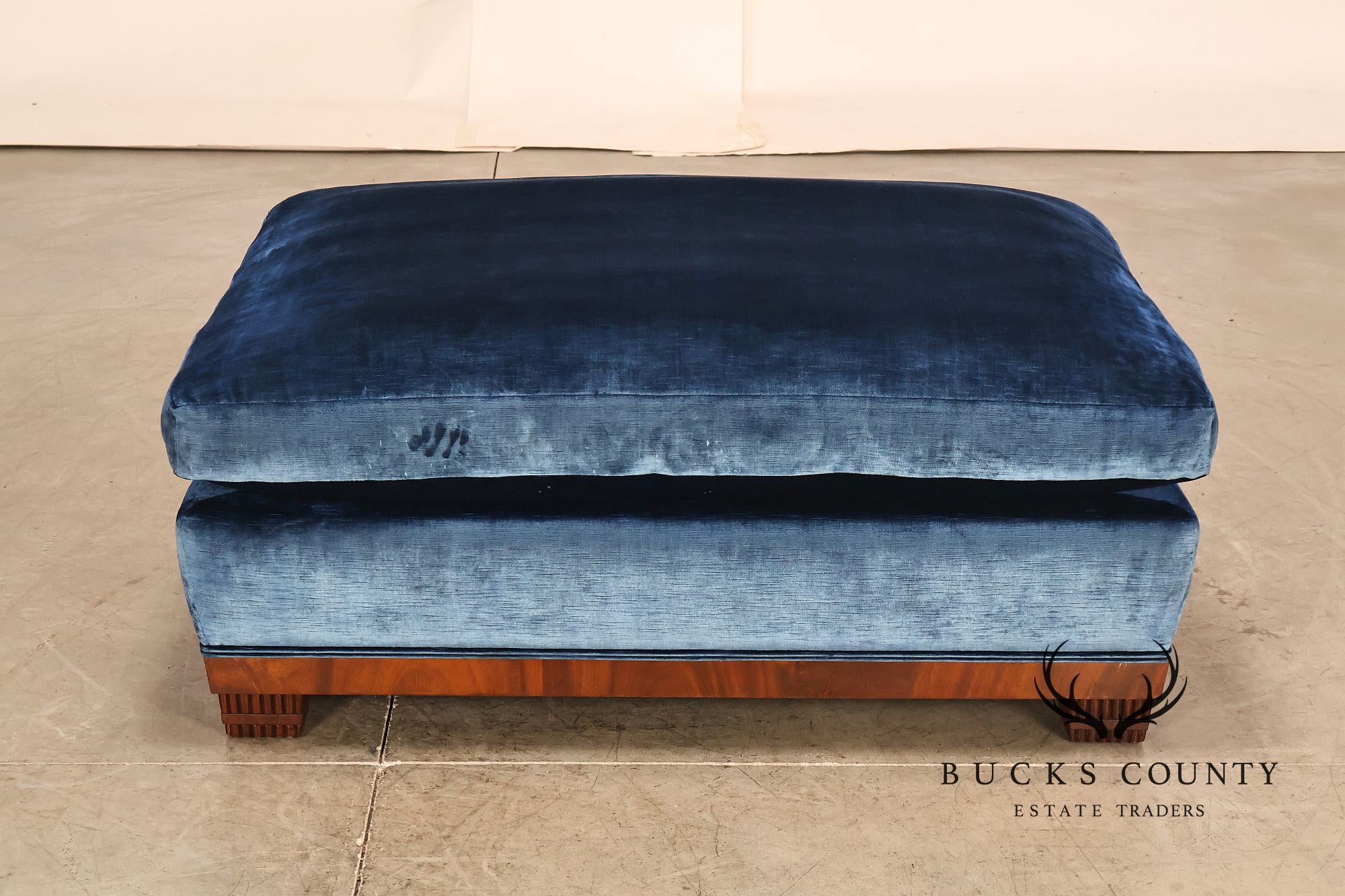 Art Deco Style Large Custom Blue Velvet and Mahogany Ottoman