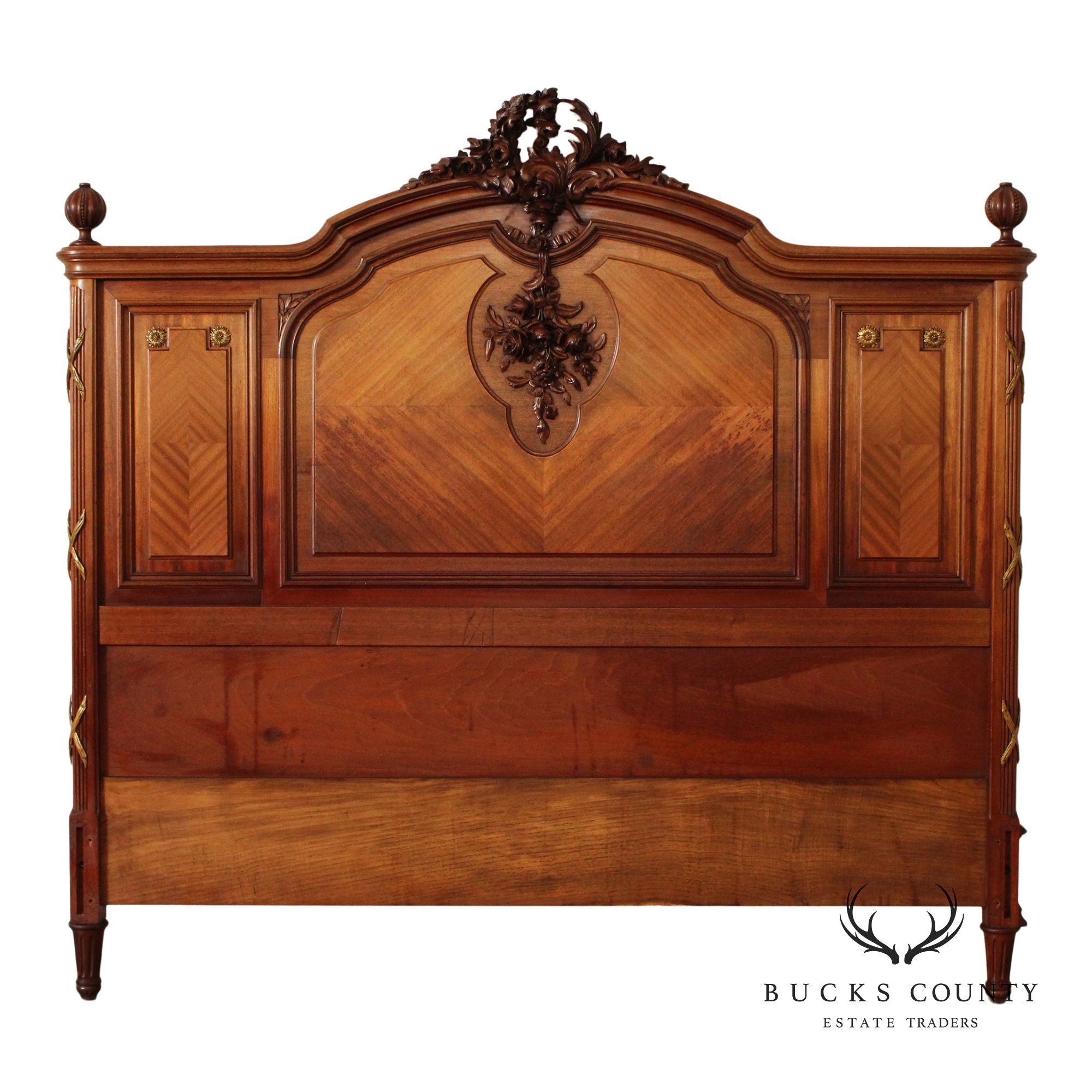 French Louis XVI Style Antique Carved Walnut Queen Headboard