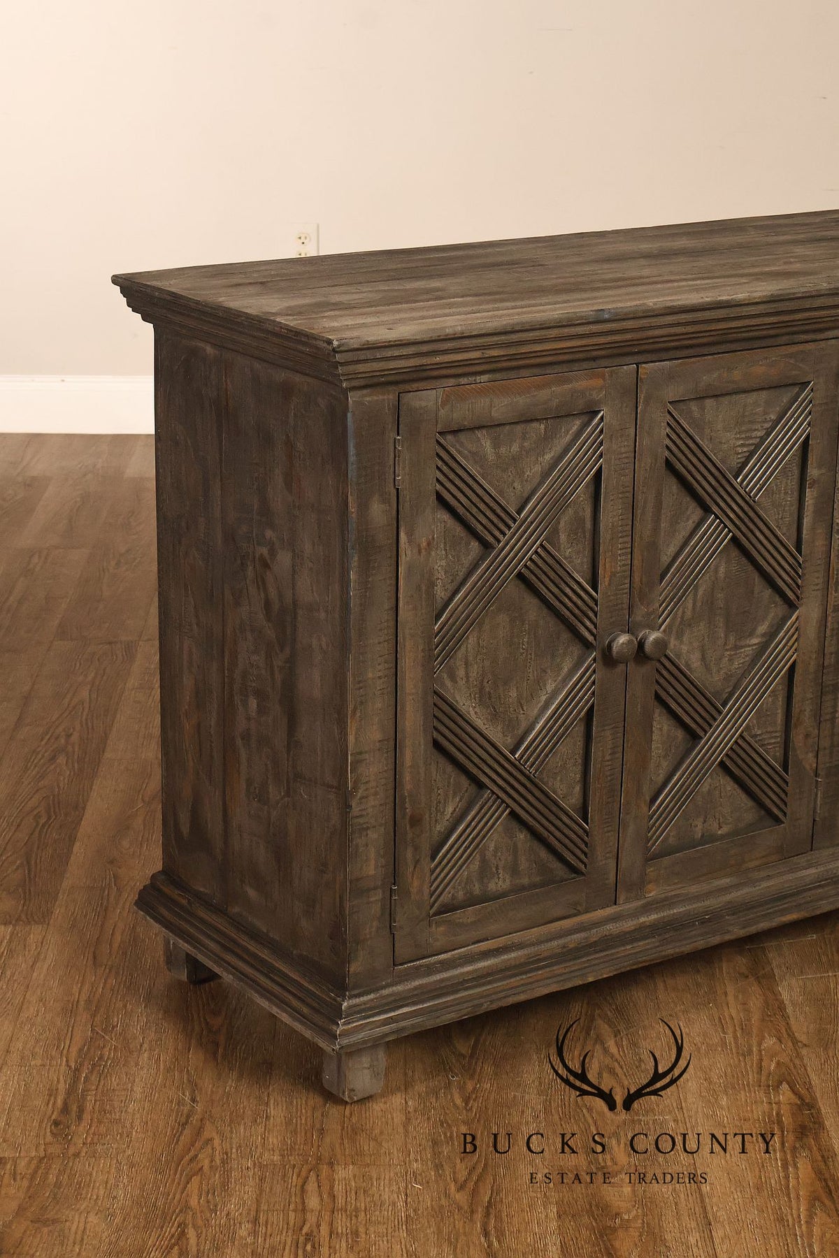 Rustic Gray Wood Four Door Lattice Design Sideboard