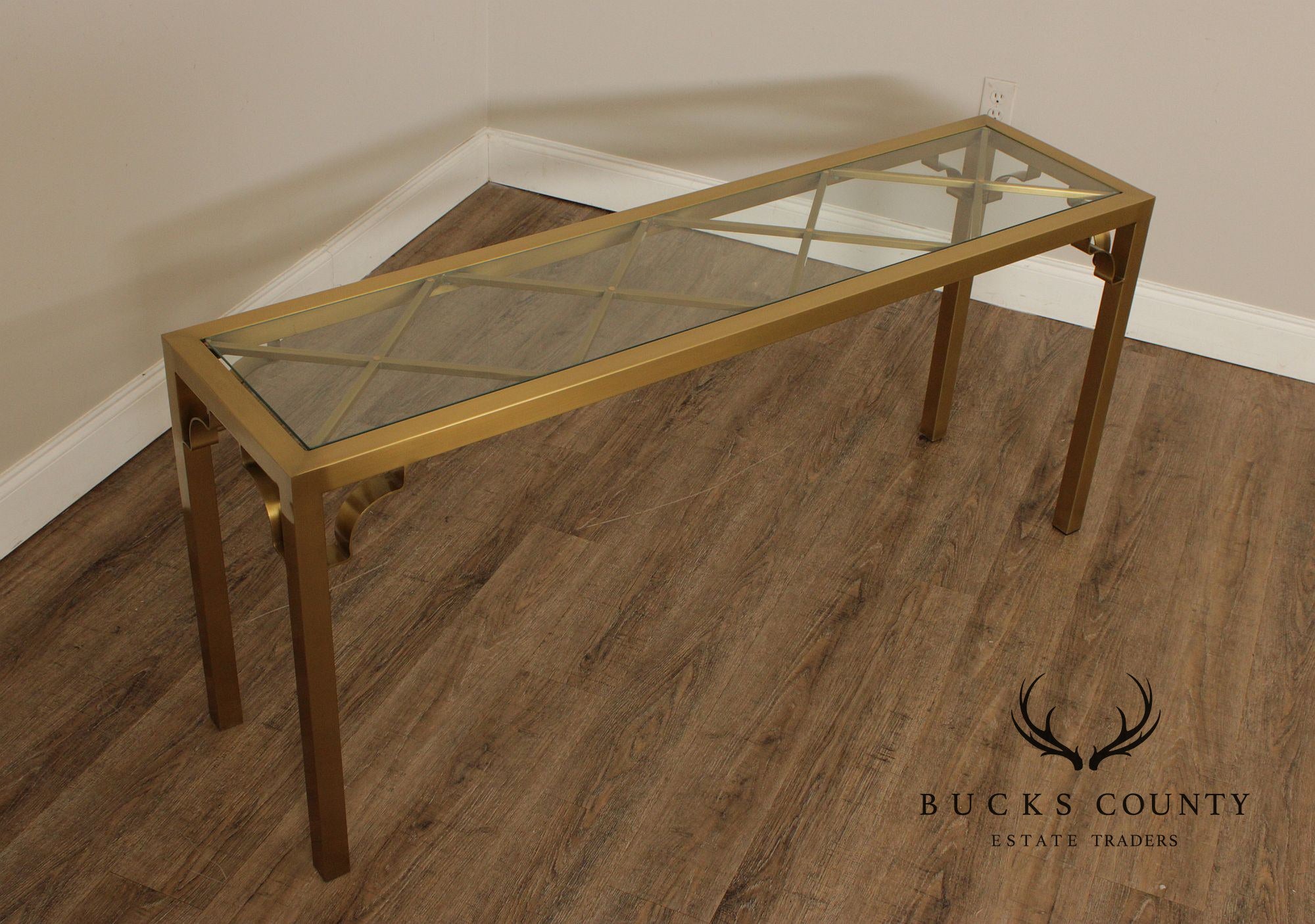 Hollywood Regency Style Glass Top Brass Console Table