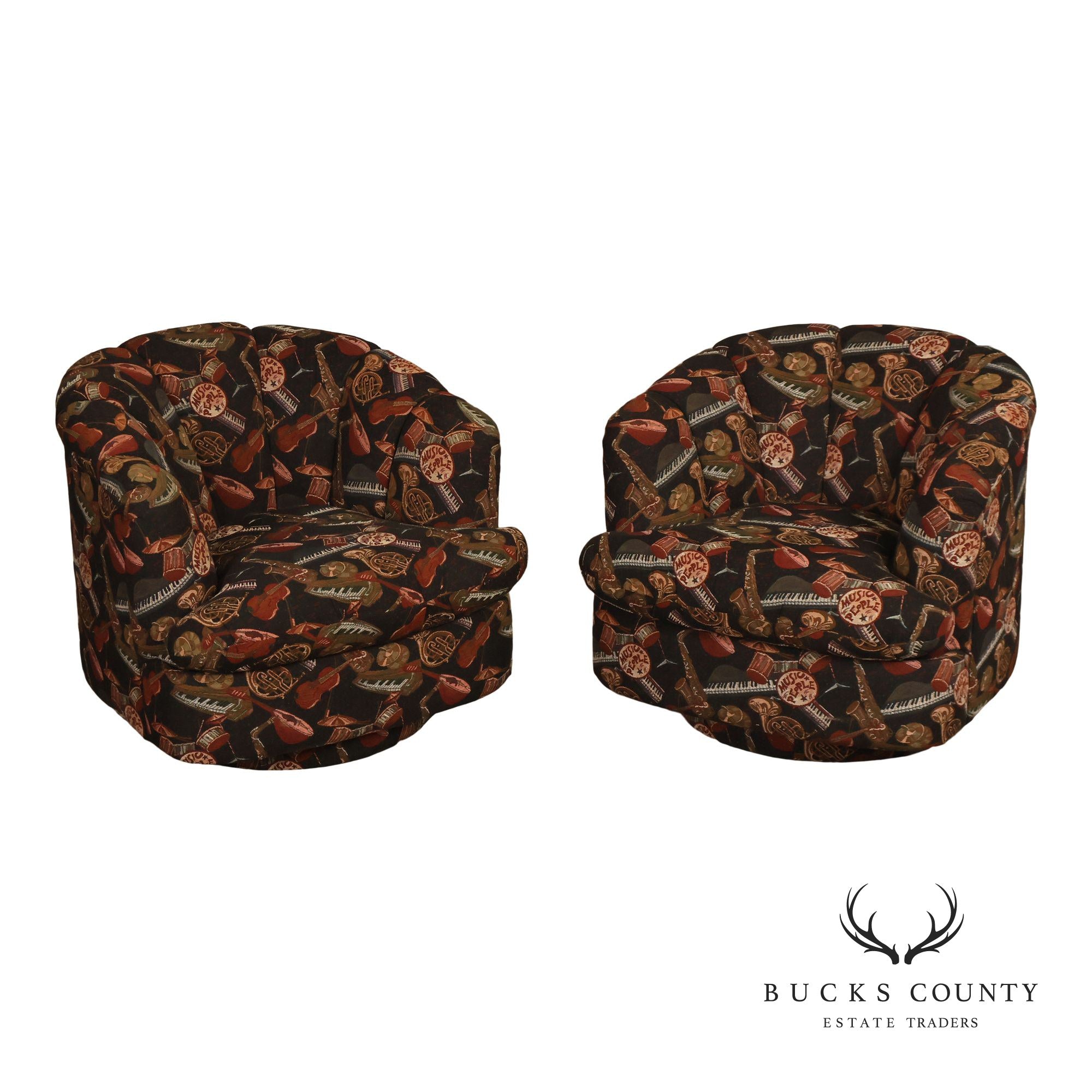 Custom Pair of Upholstered Swivel Club Chairs