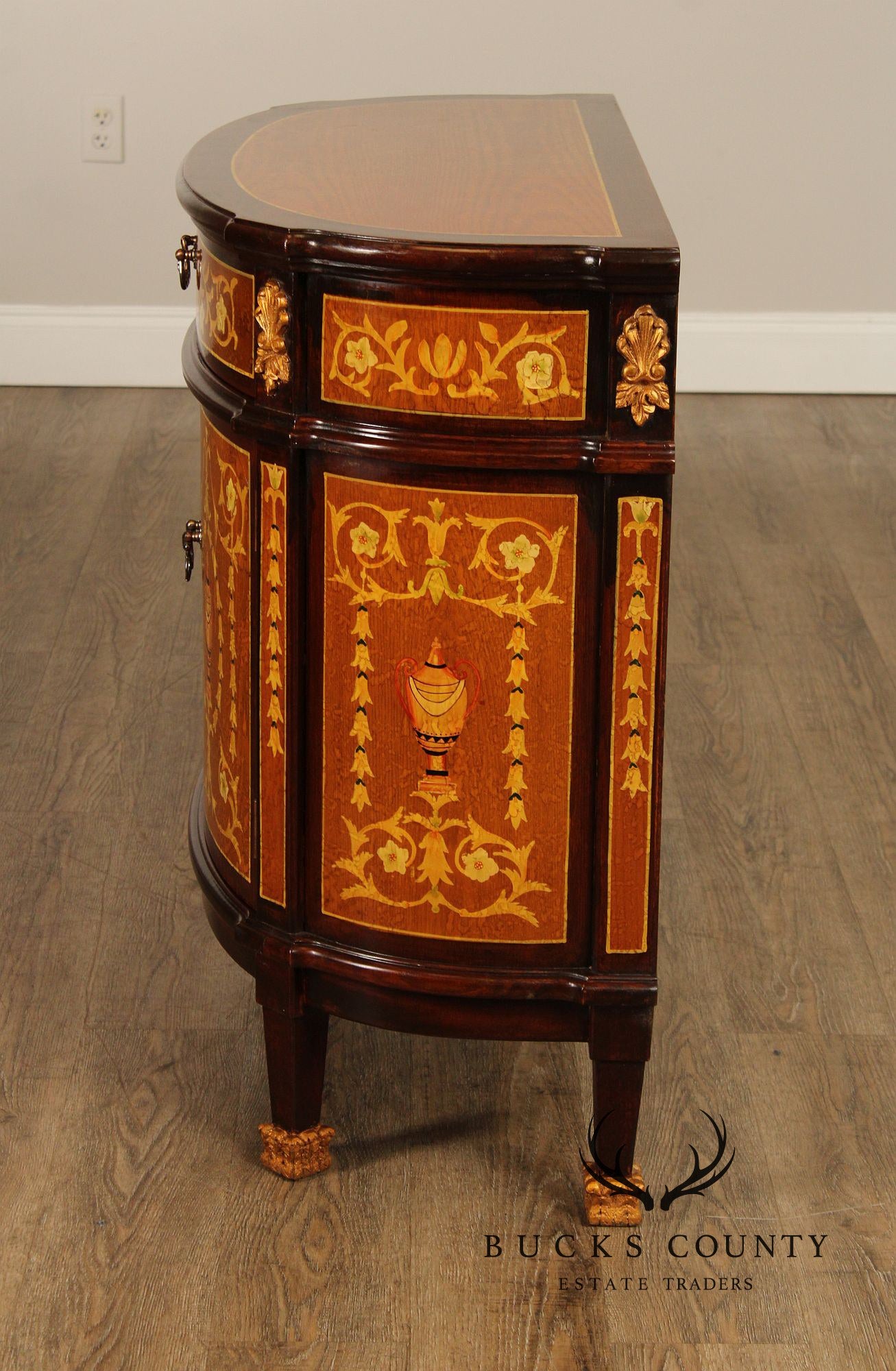 Italian Neoclassical Style Pair of Marquetry Demilune Commodes